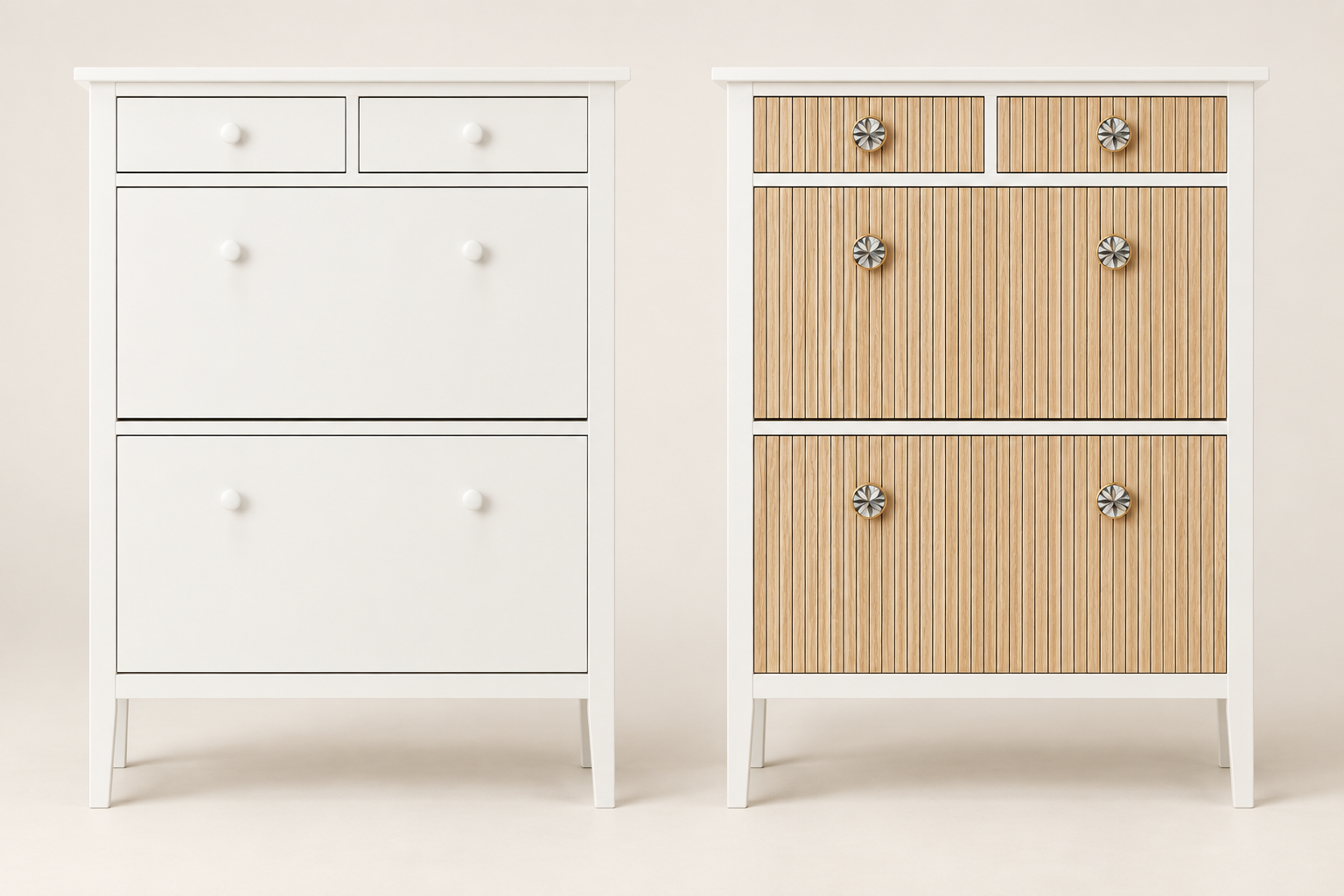 Side-by-side image of a white IKEA GULLABERG shoe cabinet before and after adding natural oak vertical panels to the fronts and replacing the knobs.