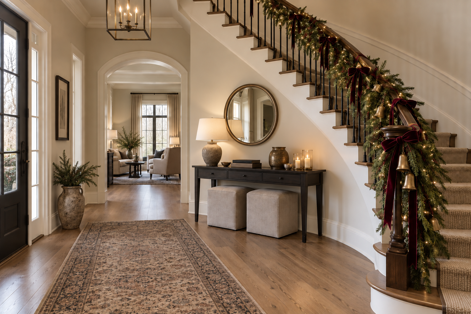 Transitional entryway with an evergreen staircase garland, burgundy velvet bows, brass bells, warm lights, and a dark wood console beneath a round mirror. AI-generated image styled by virtual interior designer Joshua Jones of JJones Design Co.