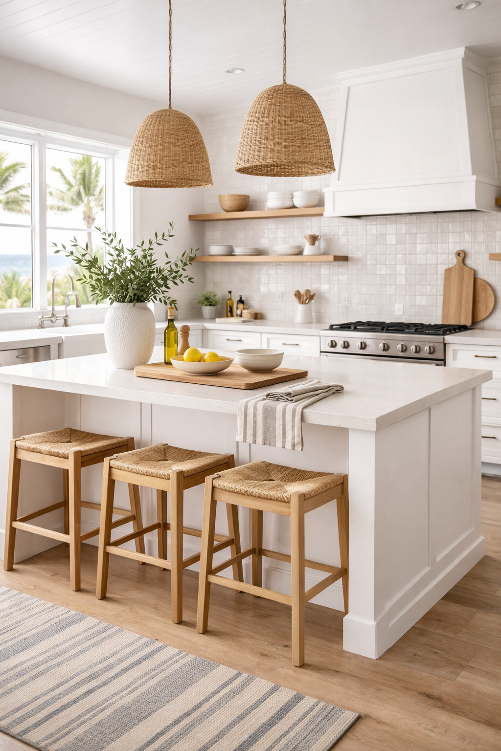 Modern coastal kitchen with white cabinetry, quartz island, woven pendant lights, light wood stools, and subtle styling for a clean and inviting space