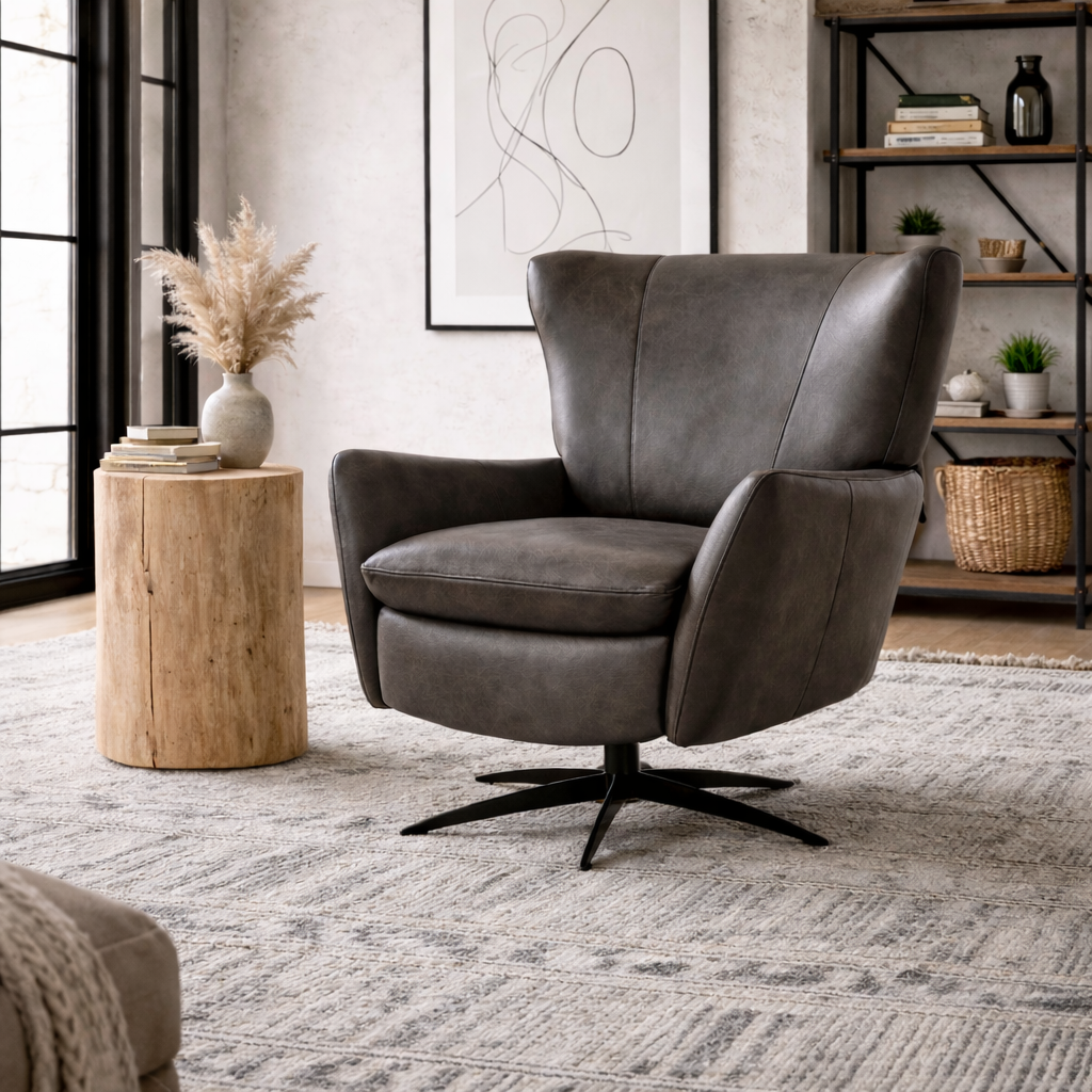 Modern leather recliner chair in Scandinavian and industrial chic living room with light wood side table and neutral rug
