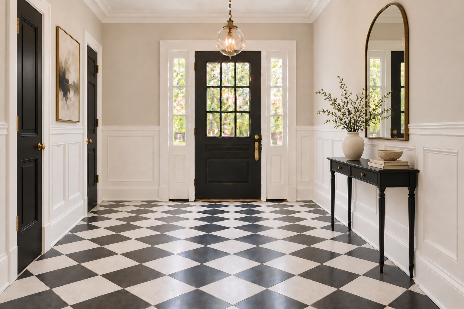 AI rendering of a traditional foyer featuring black-and-white checkerboard tile flooring, white wainscoting, a black console table, and a vintage glass pendant, styled by virtual interior designer Joshua Jones of JJones Design Co.