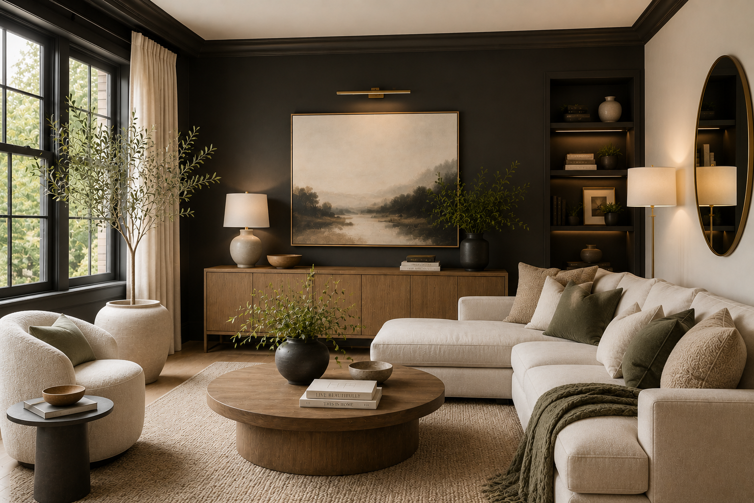 AI-generated living room with floor-to-ceiling drapery panels, large windows, and layered window treatments designed to provide privacy, light control, and visual softness while complementing the room's furnishings and architecture.