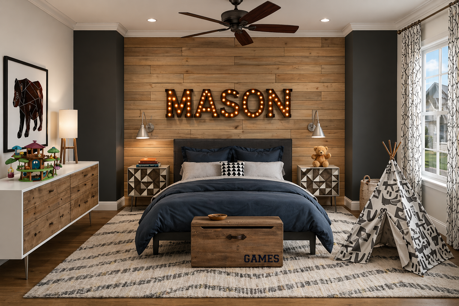 AI-generated 3D visualization of a modern boy bedroom designed by virtual interior designer Joshua Jones of JJones Design Co. with wood accent wall, navy bedding, nightstands, dresser, teepee, and neutral rug.
