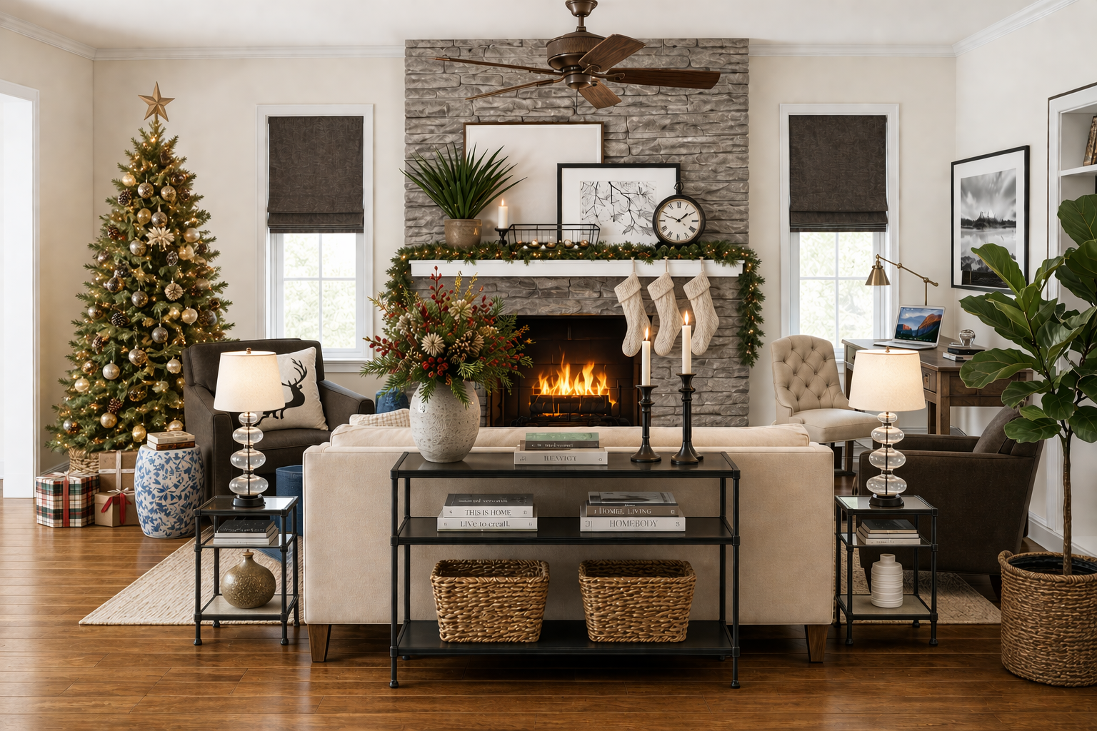 Modern farmhouse living room with a decorated Christmas tree, wrapped gifts, garland and stockings on a stone fireplace, and neutral cozy holiday decor.