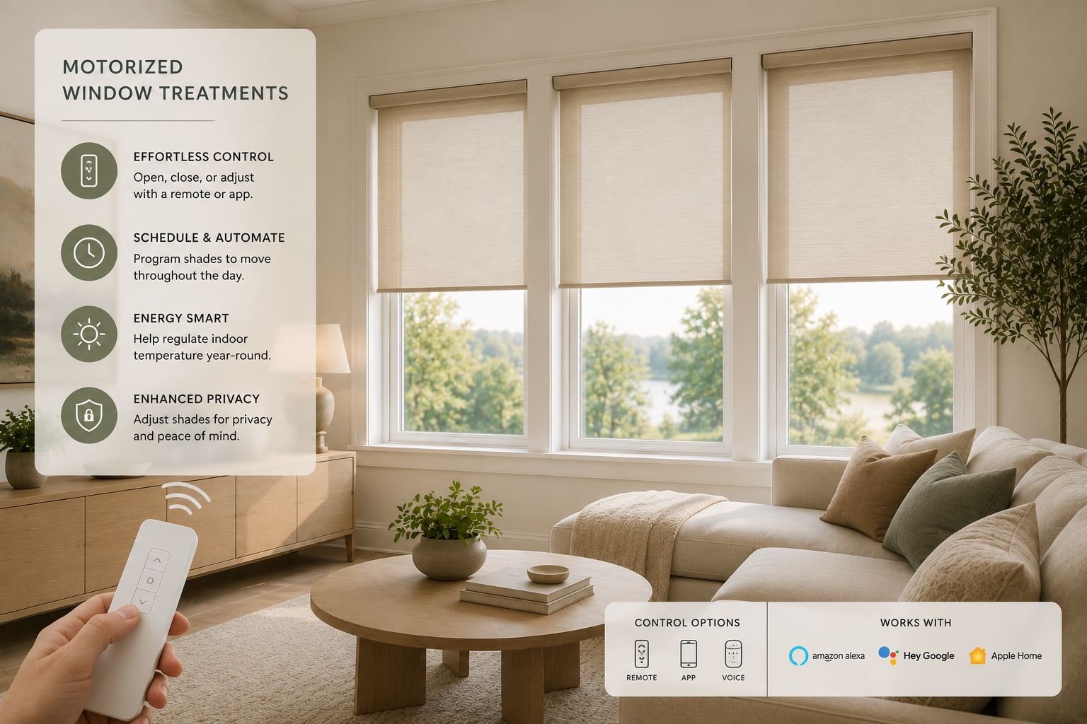 AI-generated modern living room with motorized roller shades, a remote control, and smart-home technology features, demonstrating automated window treatments designed for convenience, privacy, energy efficiency, and ease of operation.