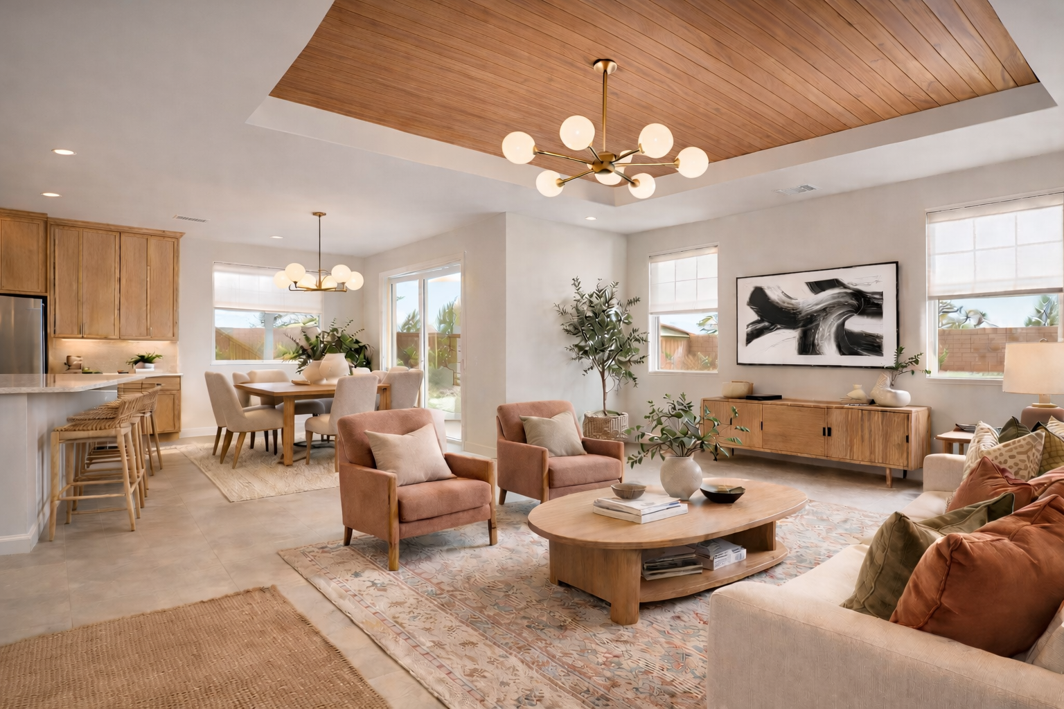 Open-concept California casual living room with cream sofa, warm wood furniture, globe chandelier, dining area and kitchen with oak cabinetry and natural light in a modern organic style – AI generated image