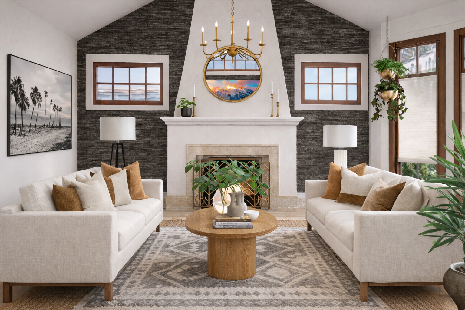 AI-generated 3D rendering of a Spanish-style Santa Barbara living room with white linen sofas, natural oak coffee table, jute layered rug and classic gold chandelier in a modern organic color palette.