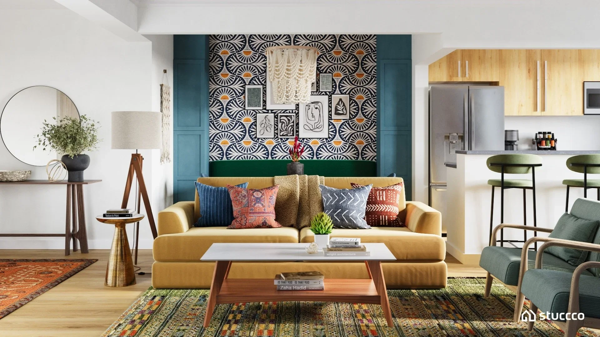 Modern eclectic open concept living room with a bold custom sofa and colorful accents, designed by Joshua Jones of JJones Design Co. | 3D rendering by Stuccco.