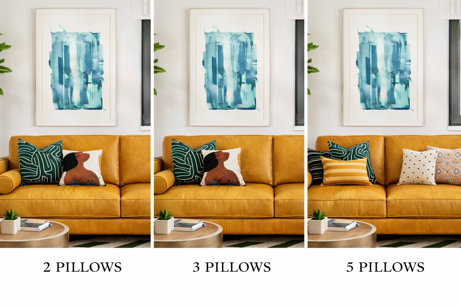 AI-generated image showing three sofa pillow arrangements with 2 pillows, 3 pillows, and 5 pillows styled in layered groupings on a mustard sofa.