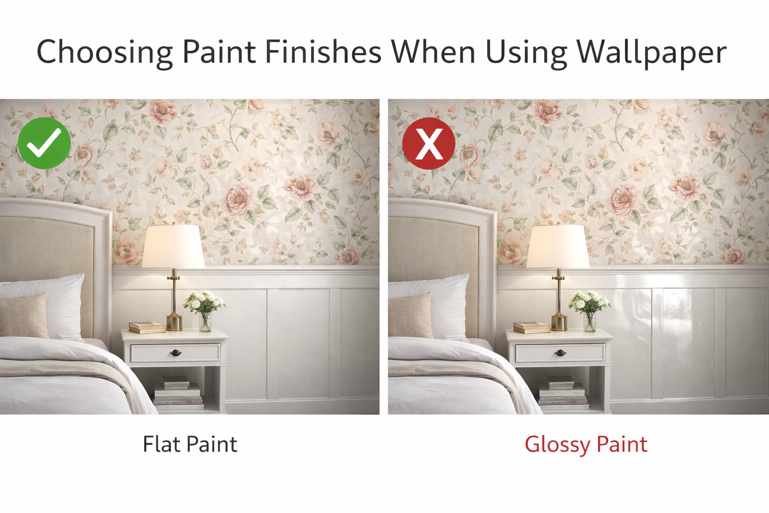 AI-generated illustration comparing flat paint and glossy paint as wall surfaces when installing wallpaper.