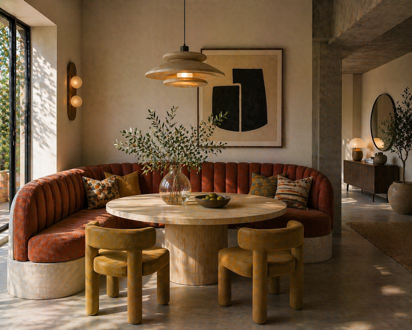 Colorful curved banquette seating in warm terracotta tones with round dining table, glass vase with greenery, and sculptural chairs in a modern Brutalist-inspired interior, AI-generated image