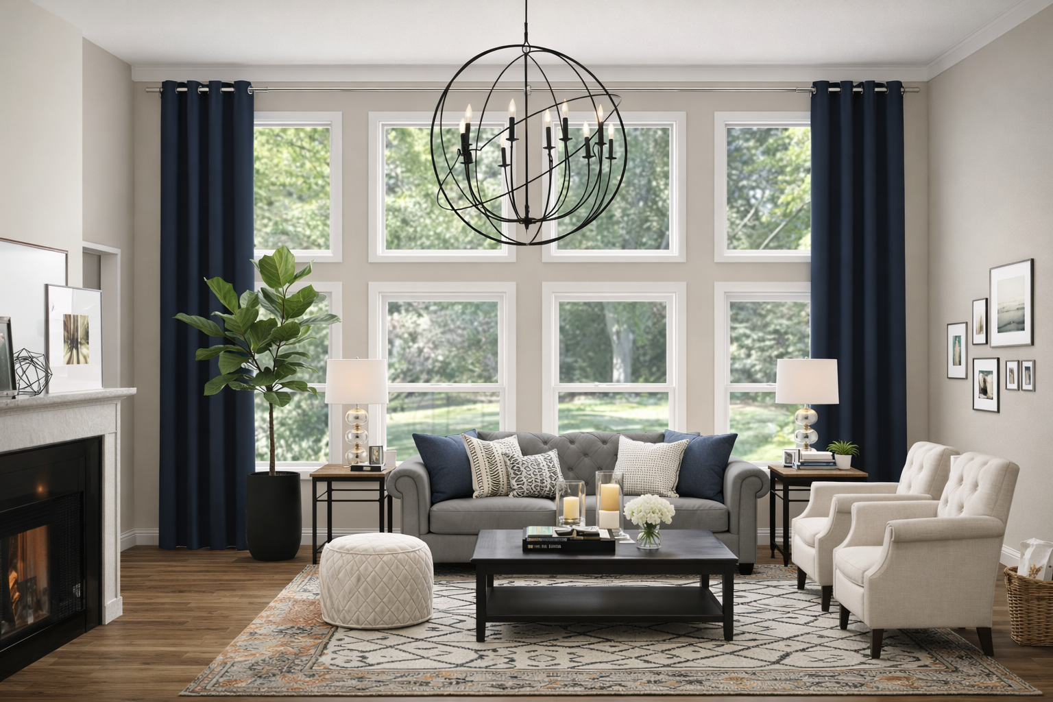 AI-generated 3D rendering of a two-story living room with stacked windows, navy lined drapery panels hung high and wide, gray sofa, neutral armchairs, and geometric area rug.