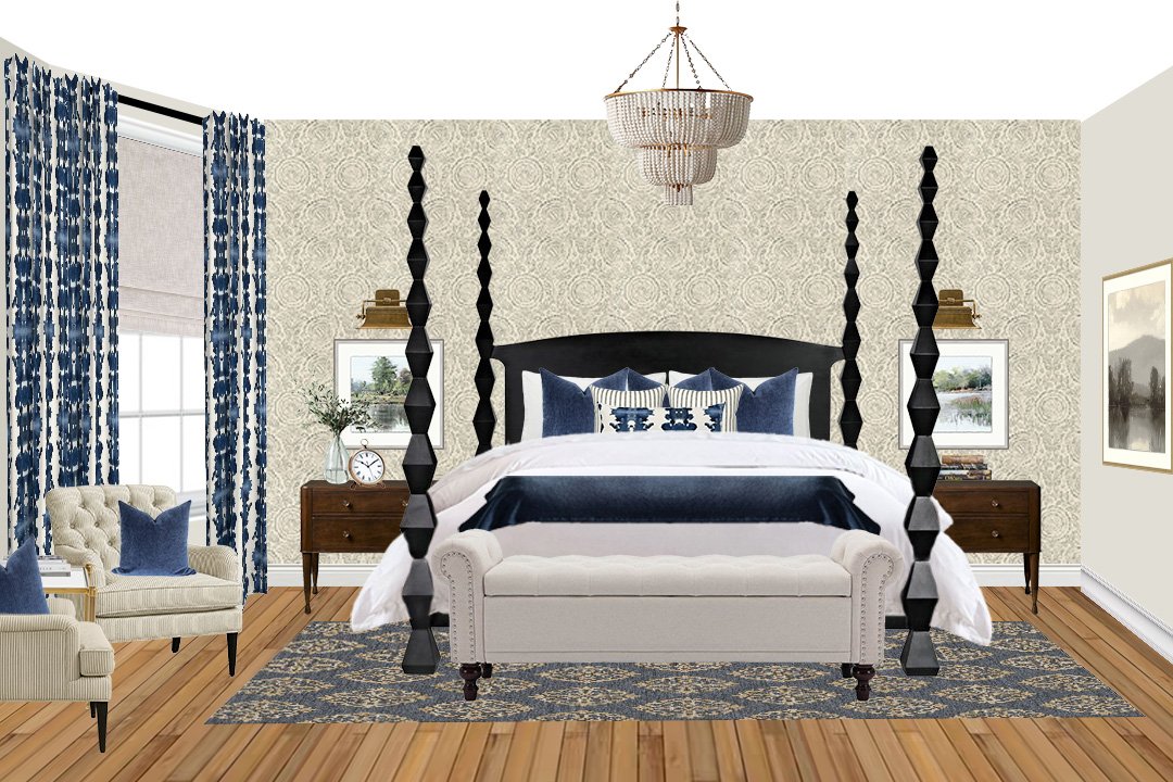 2D rendering of a modern Victorian primary bedroom with four-poster bed, blue accents, patterned curtains, and traditional furniture