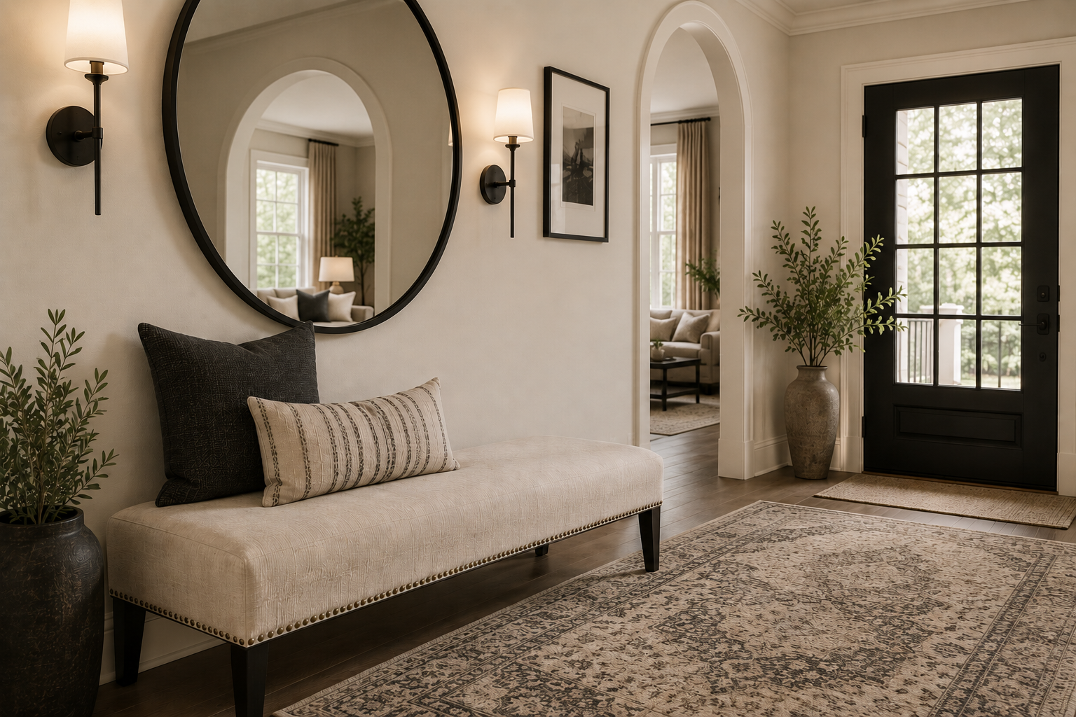 AI-generated foyer with a cream upholstered bench, round wall mirror, black wall sconces, arched doorway, dark entry door, and patterned area rug, highlighting the role of upholstery texture in furniture design.