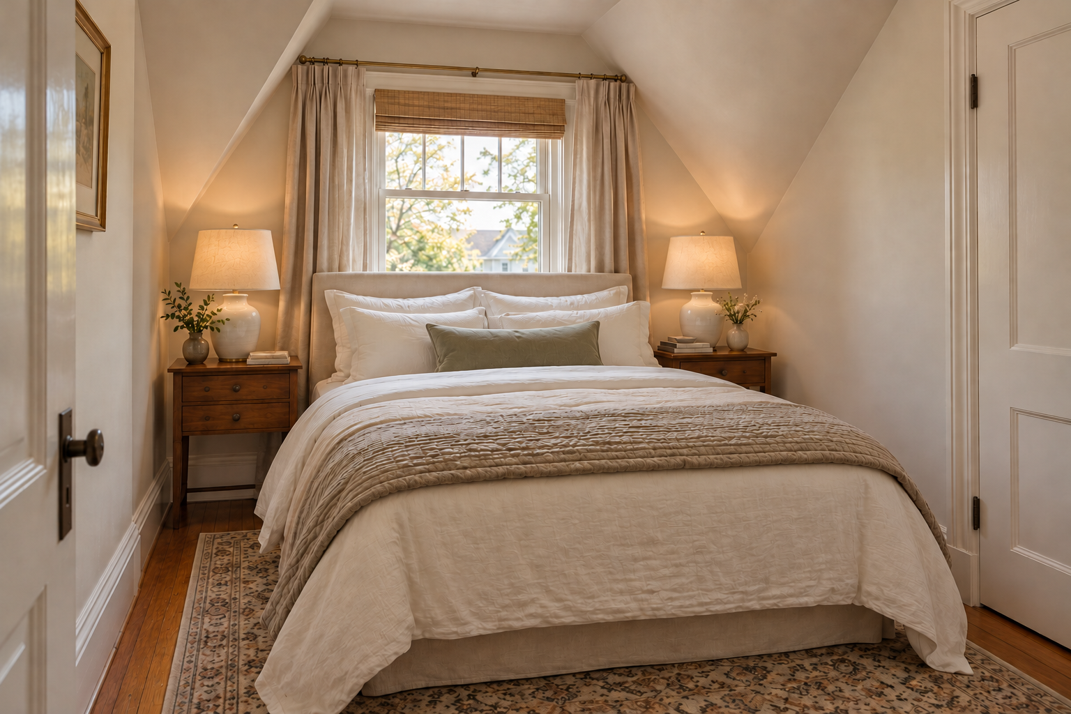 Narrow transitional bedroom with sloped ceilings, a bed centered in front of a window, neutral bedding, a sage green lumbar pillow, and wood nightstands.