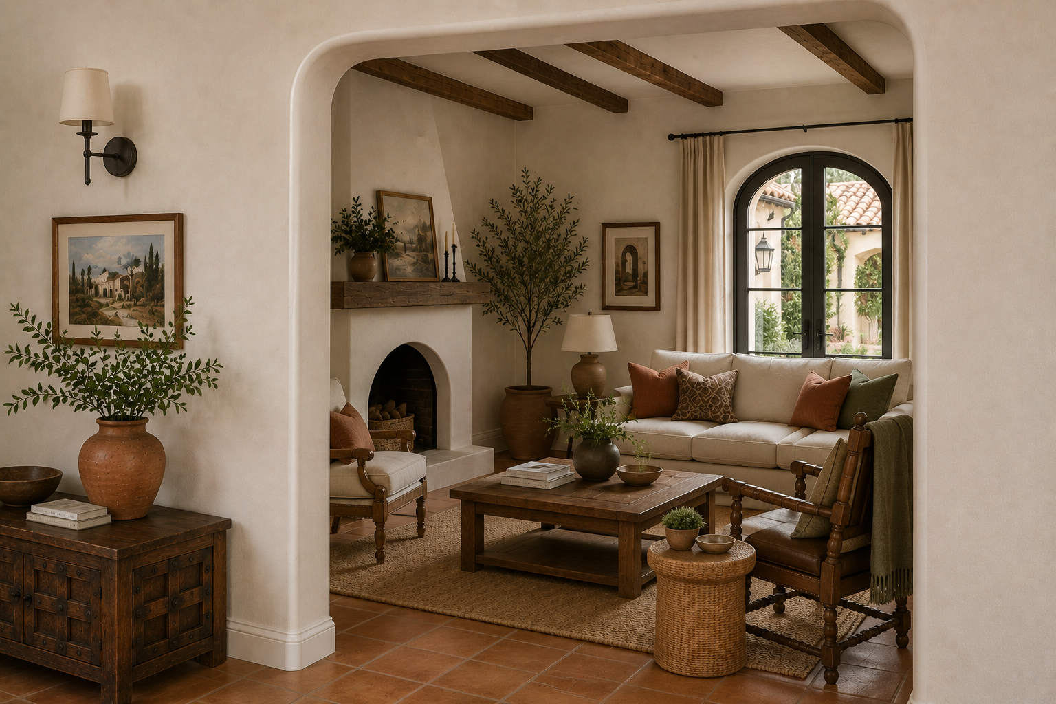 AI-generated Spanish-style living room with soft rounded drywall corners, arched openings, wood ceiling beams, terracotta flooring, and warm neutral furnishings.