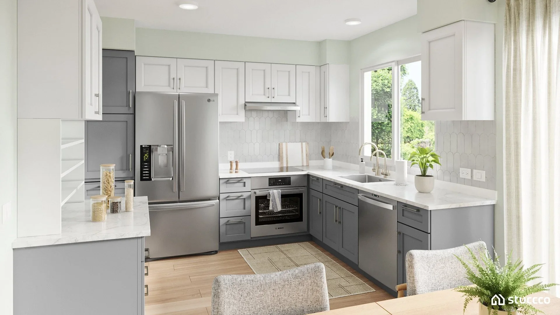 Scandinavian style kitchen with light cabinetry and integrated appliances, designed by virtual interior designer Joshua Jones of JJones Design Co, with 3D rendering by Stuccco.