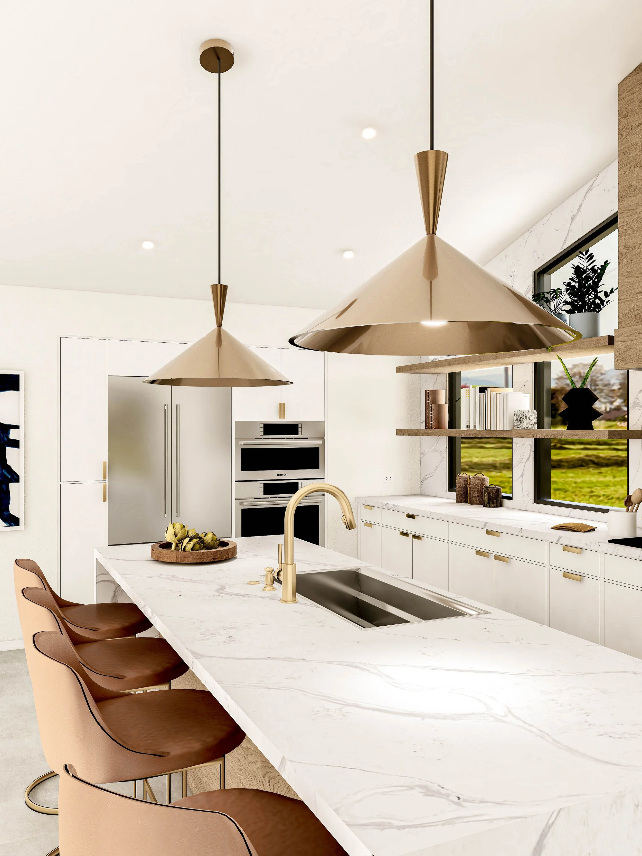 Mid-century modern kitchen designed by virtual interior designer Joshua Jones of JJones Design Co. featuring oversized brass pendant lights above a white waterfall kitchen island with warm wood bar stools and brass fixtures.