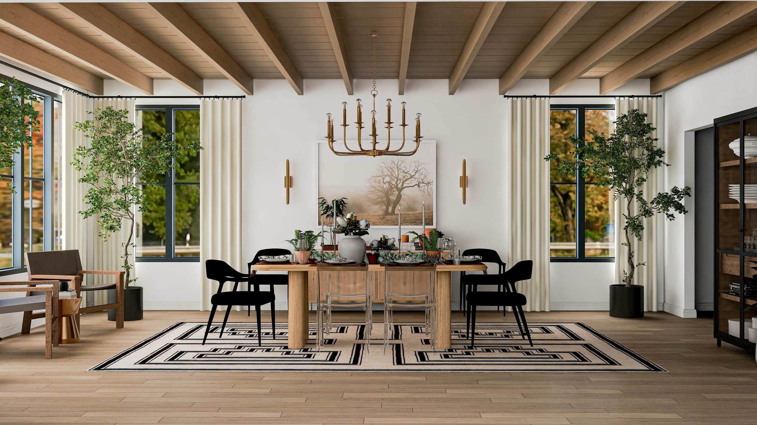 Rustic glam dining room designed by Joshua Jones featuring a wood dining table with ghost chairs and black side chairs, patterned rug, brass chandelier, and styled dining table beneath wood ceiling beams.