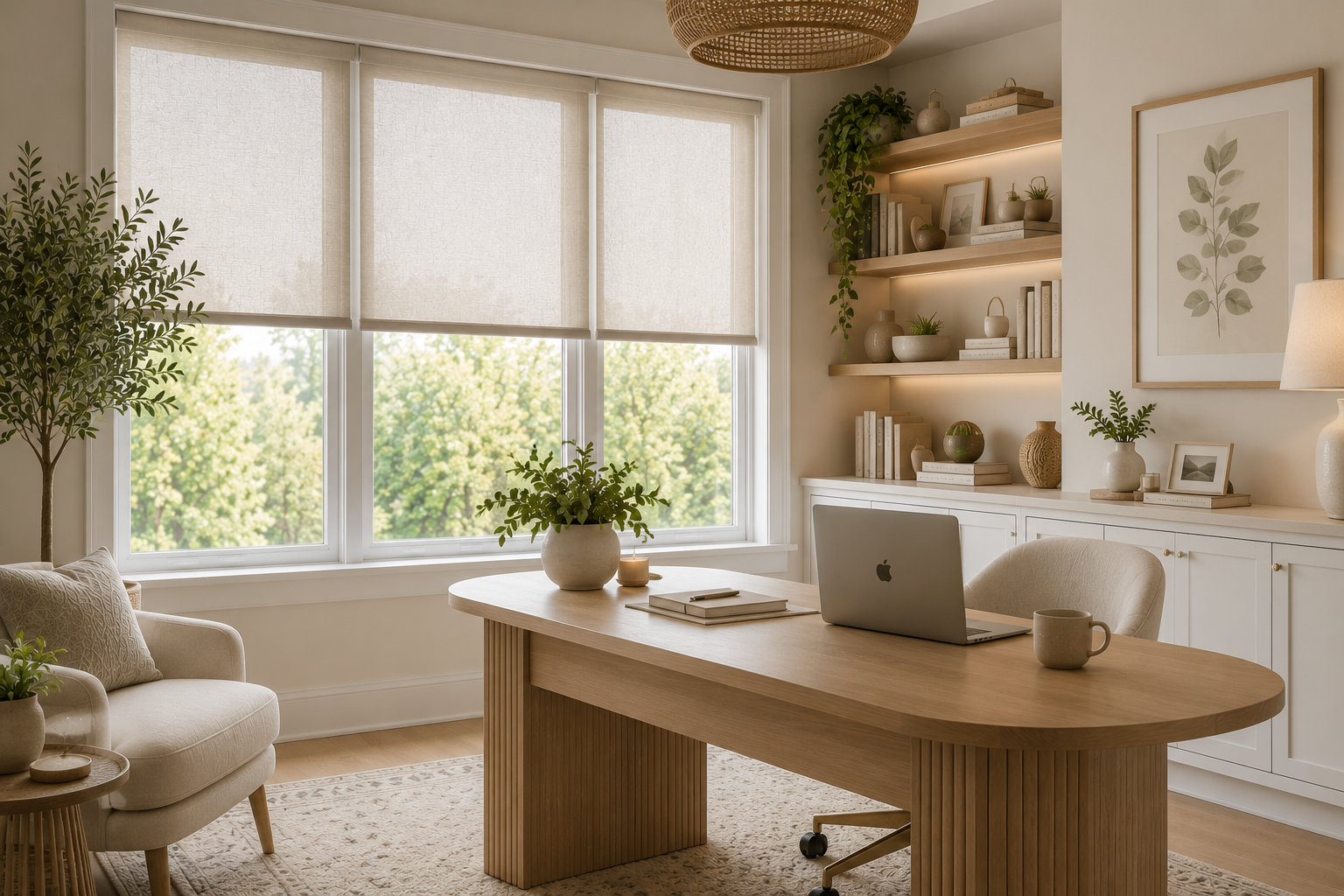 AI-generated modern organic home office with a light wood desk, neutral furnishings, built-in cabinetry, and light-filtering roller shades designed to balance natural daylight, privacy, and screen glare reduction.