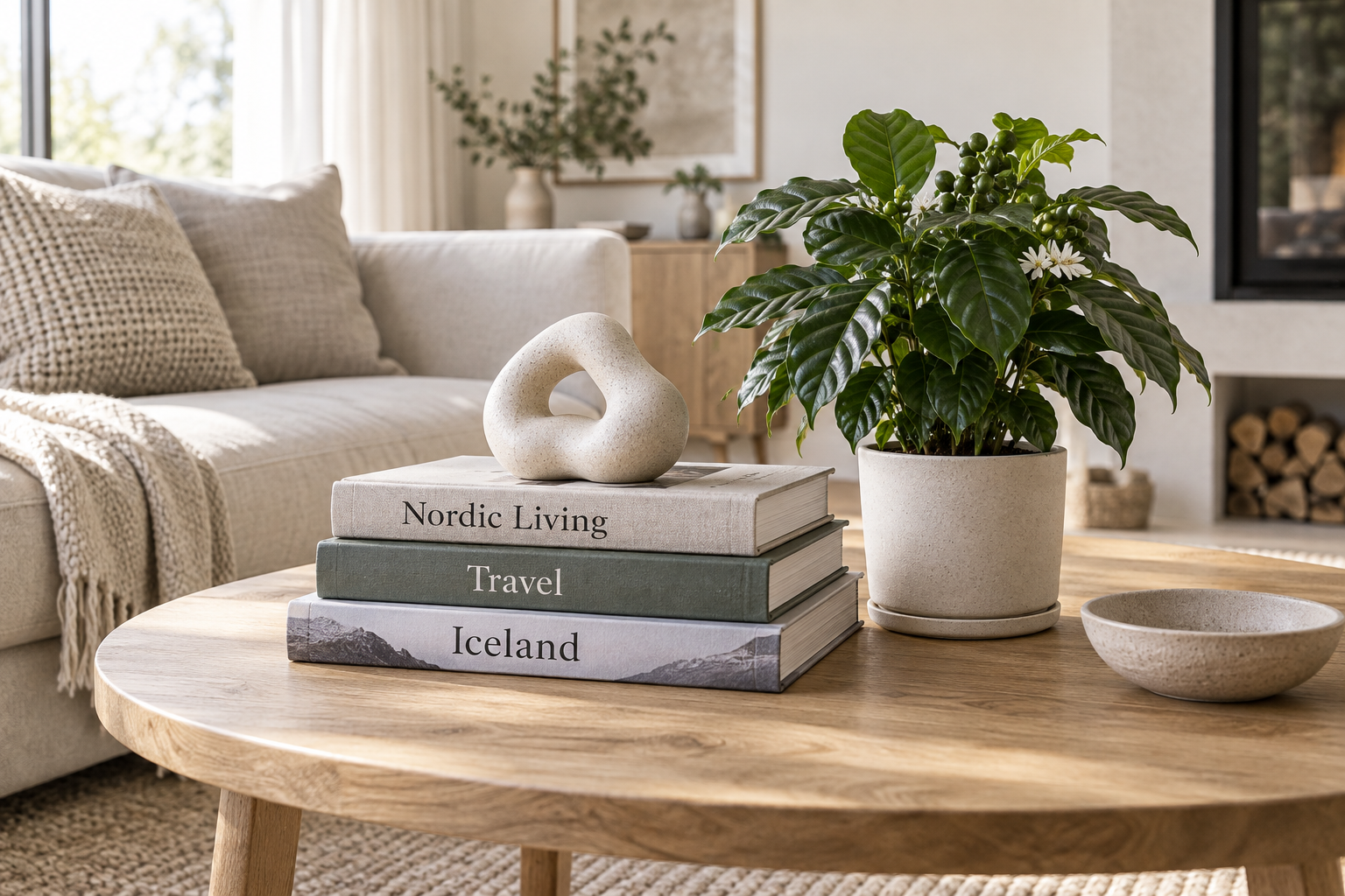 AI rendering of stacked coffee table books and a potted coffee plant on a natural oak table in a Scandinavian-style living room, styled by virtual interior designer Joshua Jones of JJones Design Co.