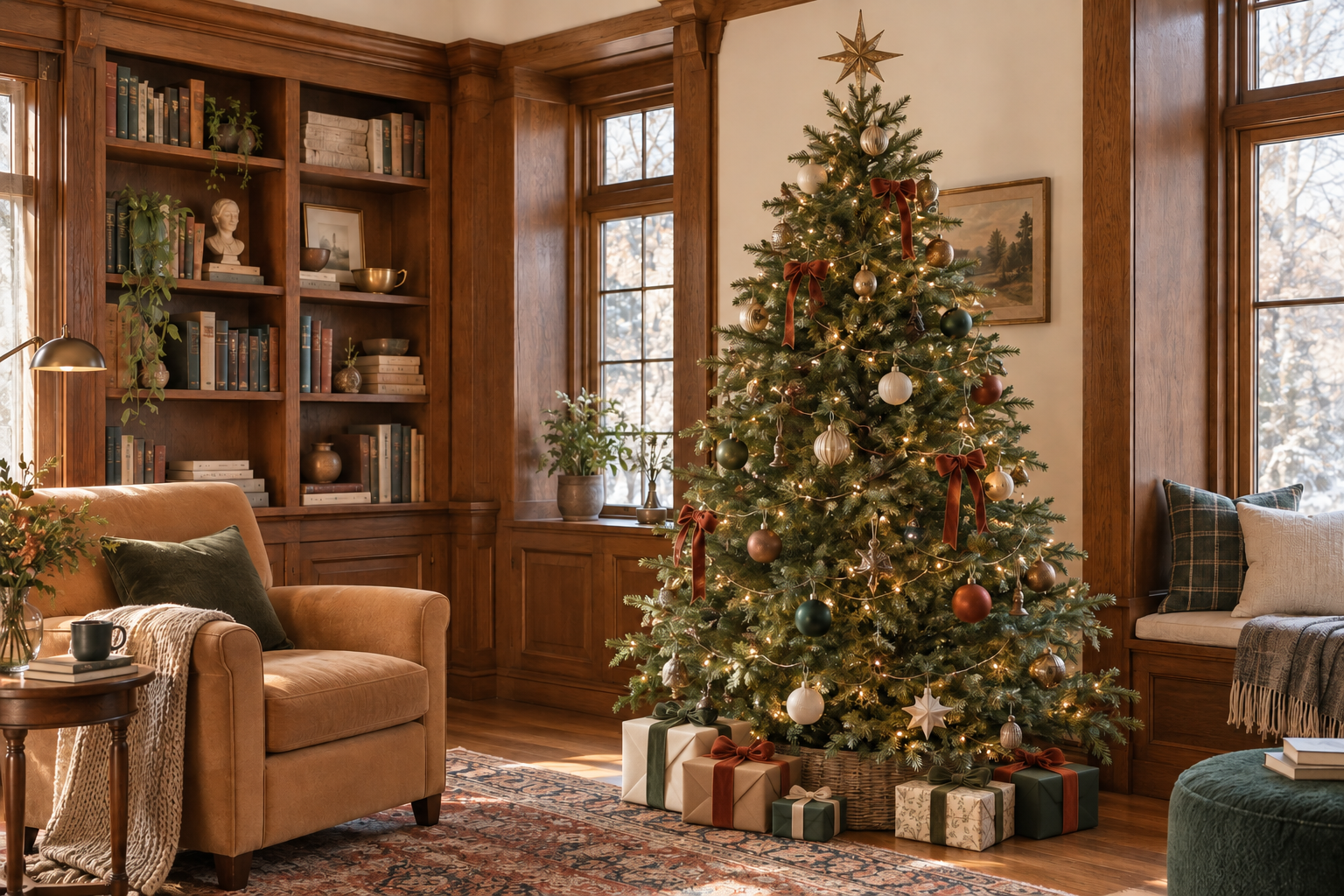 Christmas tree in a Craftsman-style reading room decorated with well-spaced cream, rust, brass, and dark green ornaments, velvet bows, and warm white lights. AI-generated image styled by virtual interior designer Joshua Jones of JJones Design Co.