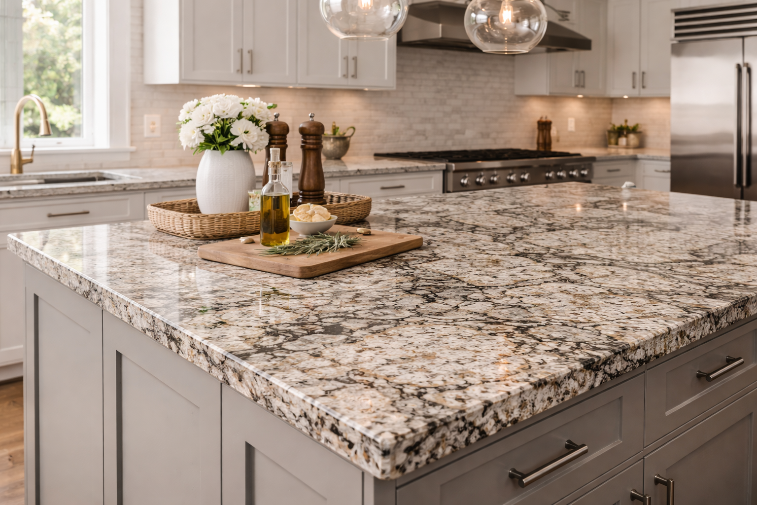 Transitional kitchen with a large island topped in a speckled granite countertop, white shaker cabinetry, glass pendant lights, stainless steel appliances, and warm neutral finishes. AI-generated image.