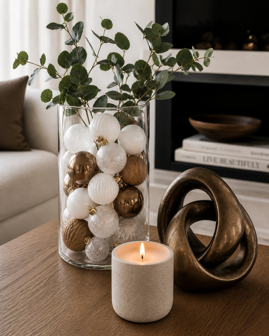 Modern organic living room vignette featuring a clear glass vase filled with white, frosted glass, bronze, and wood Christmas ornaments, styled with a bronze sculpture and candle on a coffee table (AI-generated image)