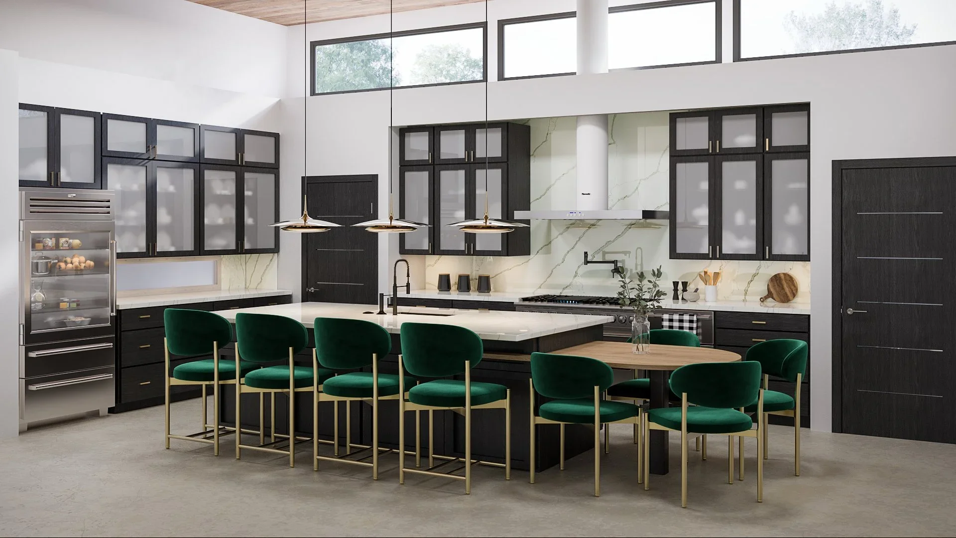 Industrial and mid-century modern style kitchen with a large island and integrated appliances, designed by virtual interior designer Joshua Jones of JJones Design Co.