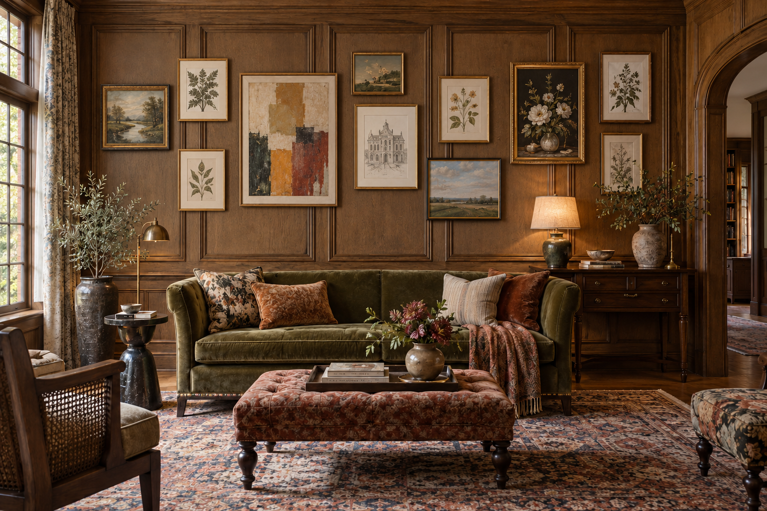 Eclectic gallery wall with individually spaced framed artwork displayed over full-height wood wainscoting in a Tudor-style sitting room.