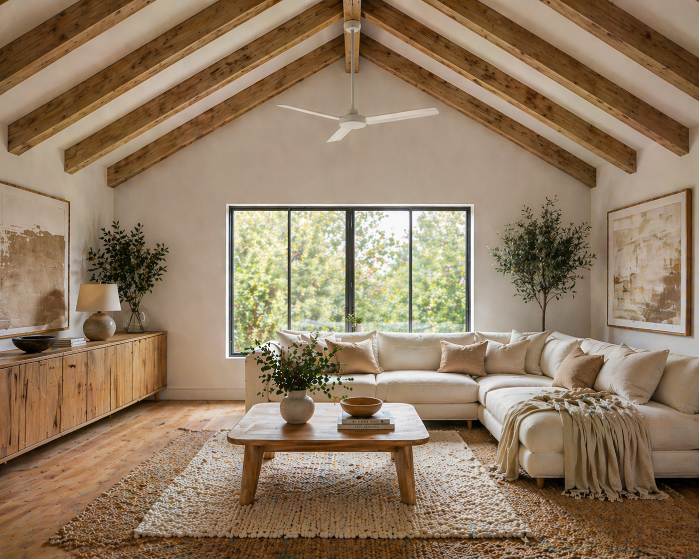 Scandinavian living room with vaulted wood beam ceiling, white ceiling fan, neutral sectional sofa, jute rug layered with textured rug, and minimalist decor (AI-generated image)