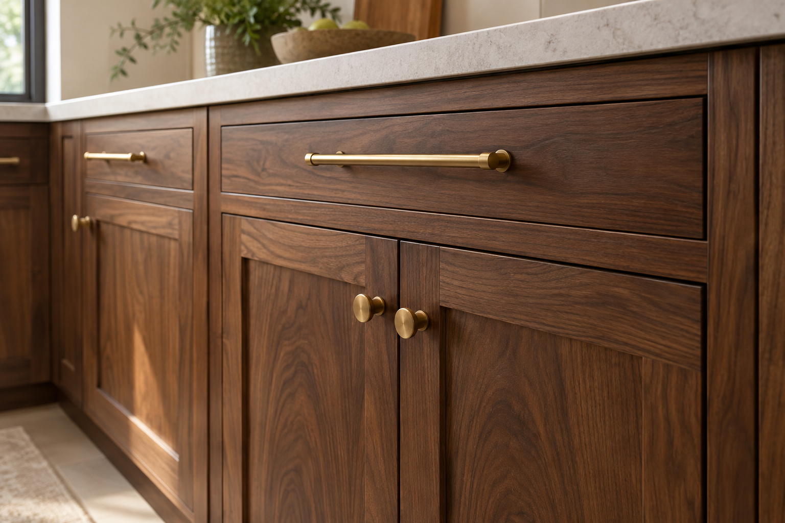 AI rendering of walnut kitchen cabinets with brushed brass pulls and knobs, styled by virtual interior designer Joshua Jones of JJones Design Co.