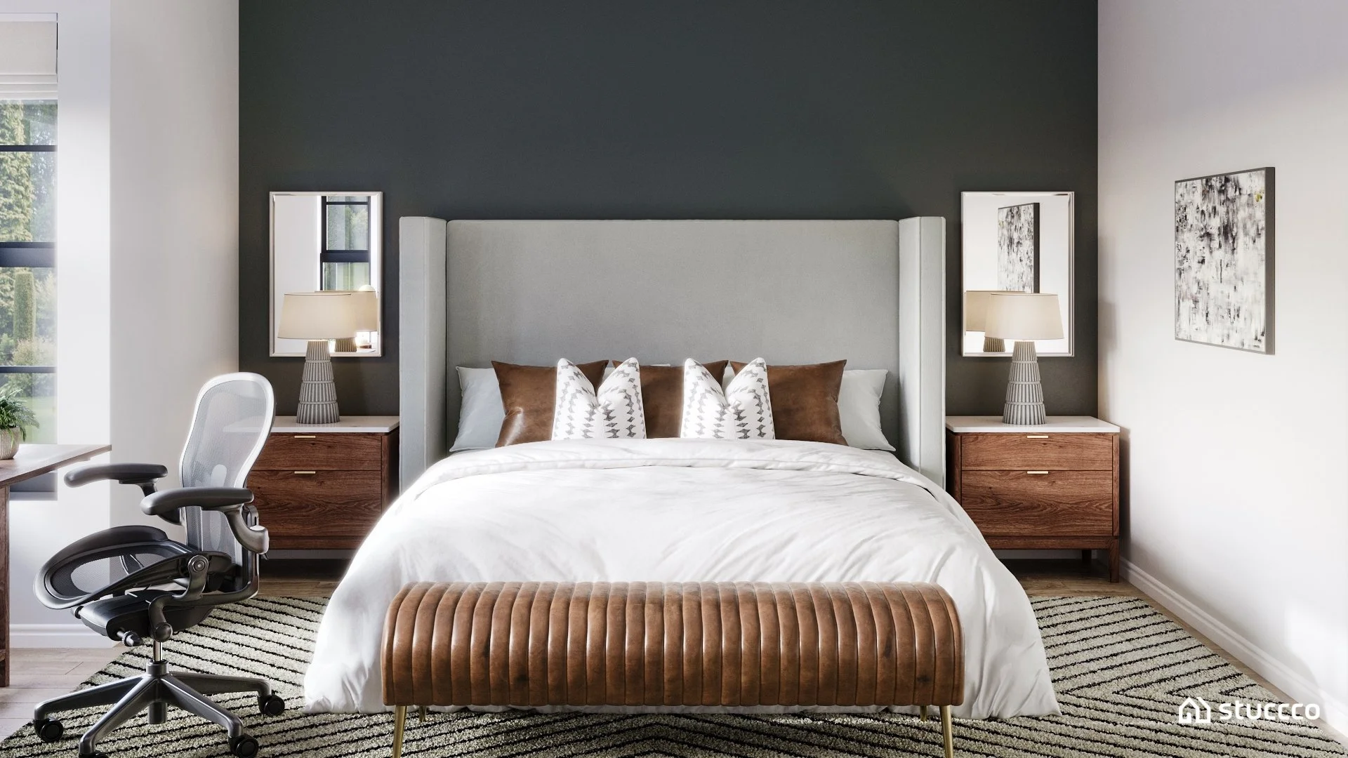 Modern primary bedroom with an upholstered bed, walnut nightstands, neutral bedding, and a dark accent wall, designed by virtual interior designer Joshua Jones of JJones Design Co. and rendered by Stuccco.