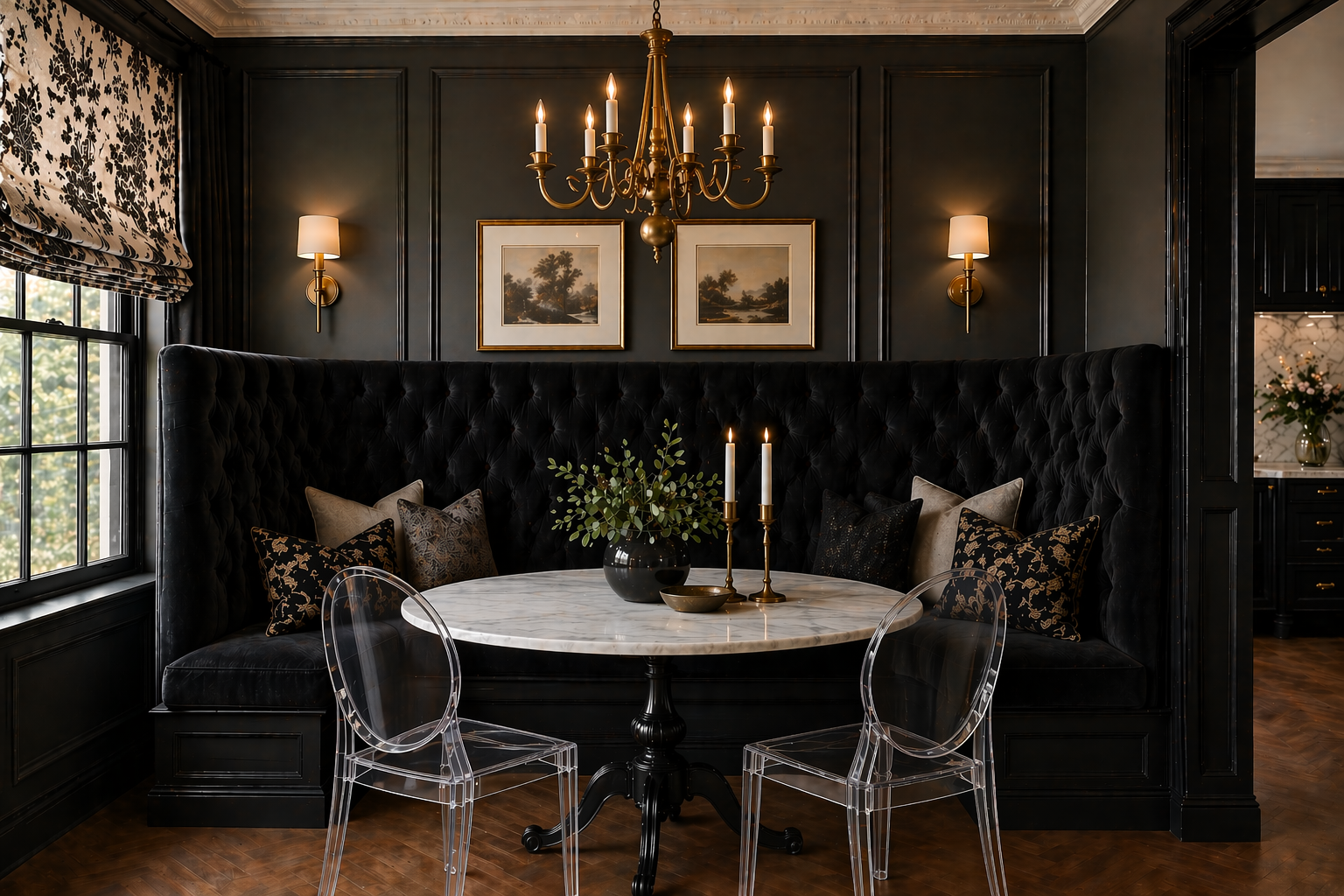 Modern Victorian banquette with tall black velvet tufted back, round white marble table, gold chandelier, and ghost dining chairs, AI-generated image