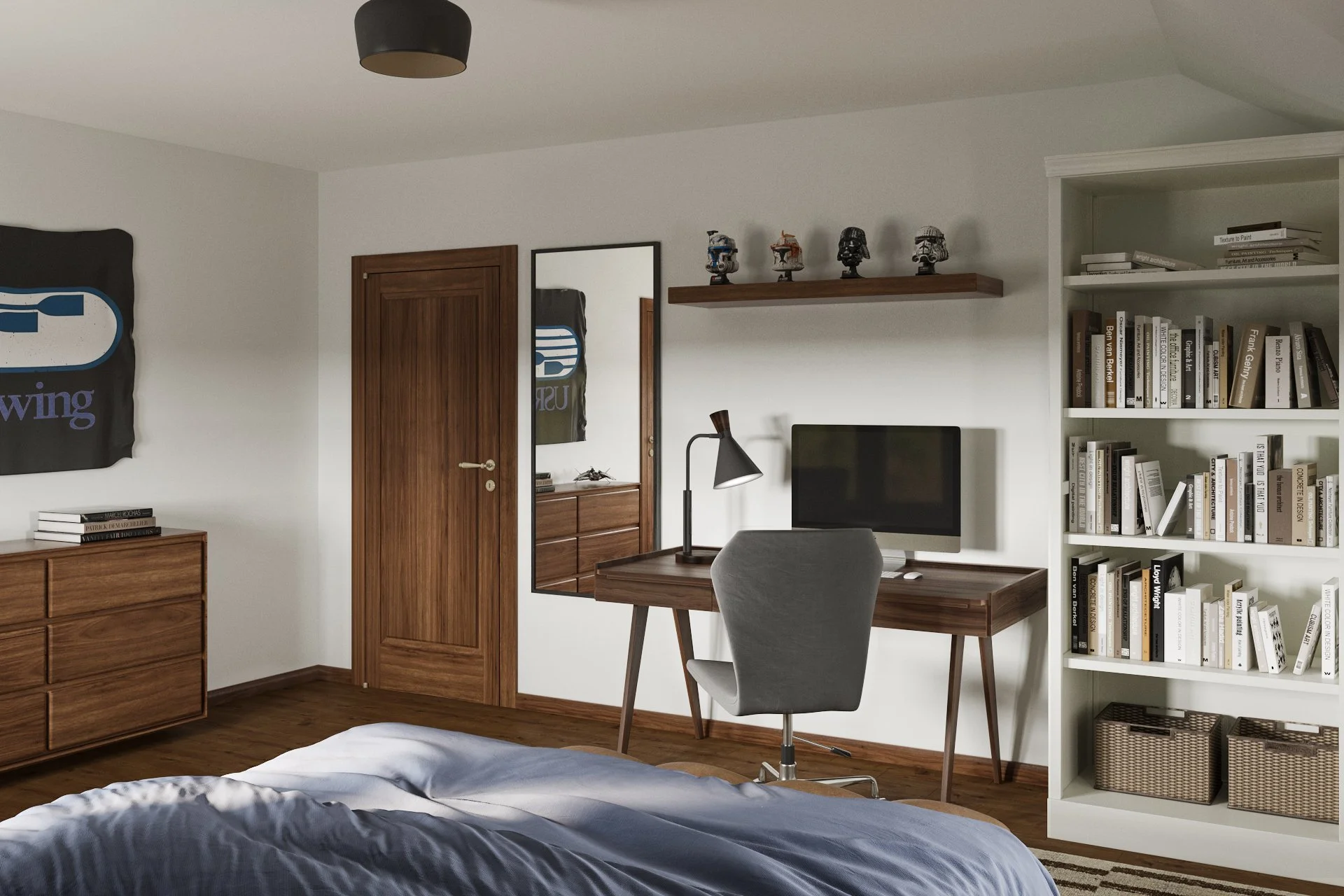 Desk and shelving area in a California Eclectic teen bedroom designed by virtual interior designer Joshua Jones of JJones Design Co., styled to function as a practical young adult workspace.