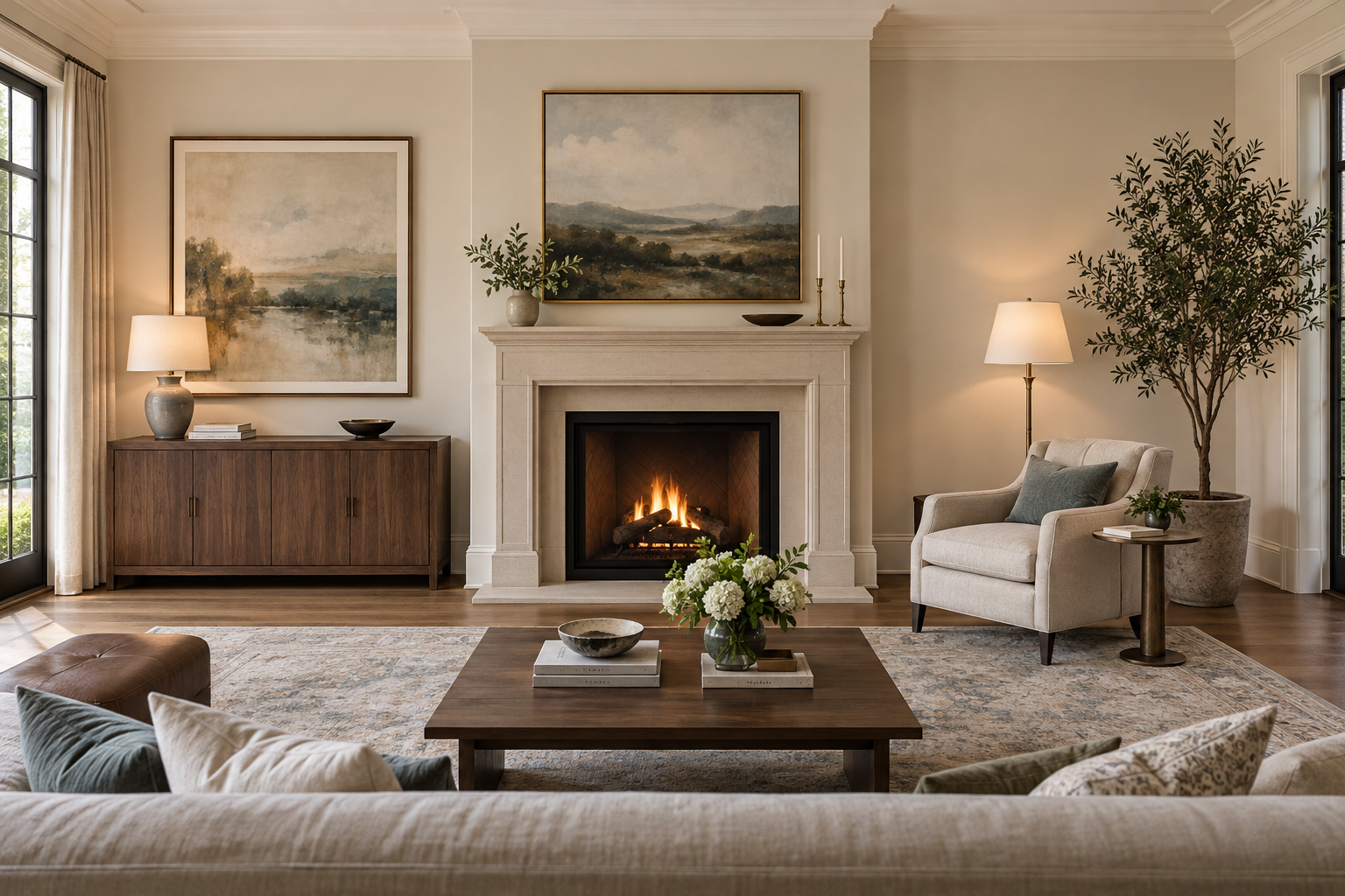 Transitional living room with a walnut cabinet and large artwork on one side of the fireplace and an accent chair, floor lamp, and tree on the other.
