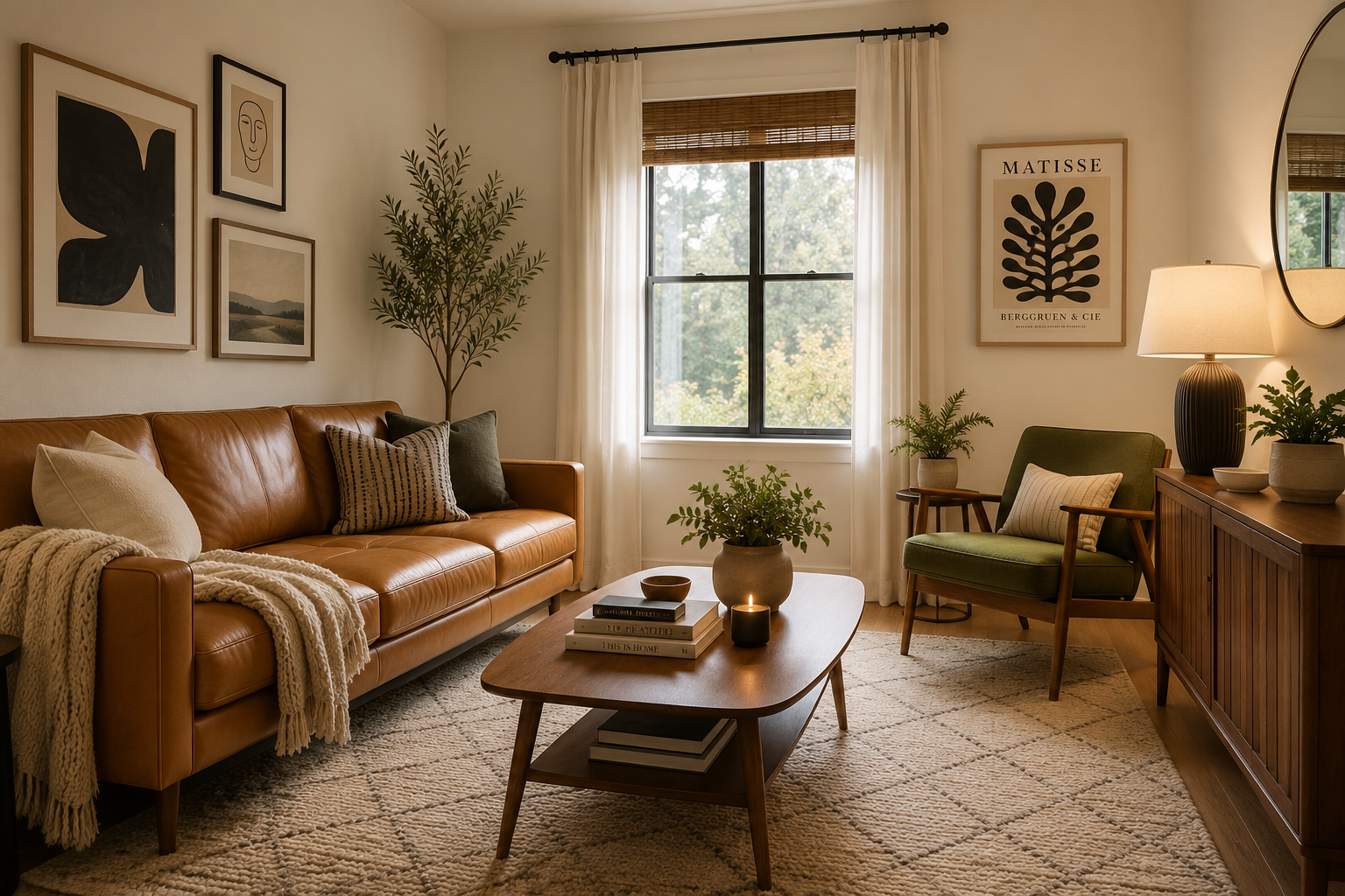 AI-generated living room with white walls, a caramel leather sofa, mid-century modern furniture, warm wood accents, layered lighting, and greenery designed to brighten a dark room.