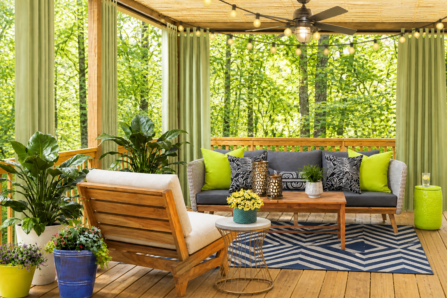 Modern boho covered patio with wood furniture, green curtains, string lights, and a geometric outdoor rug anchoring the seating area