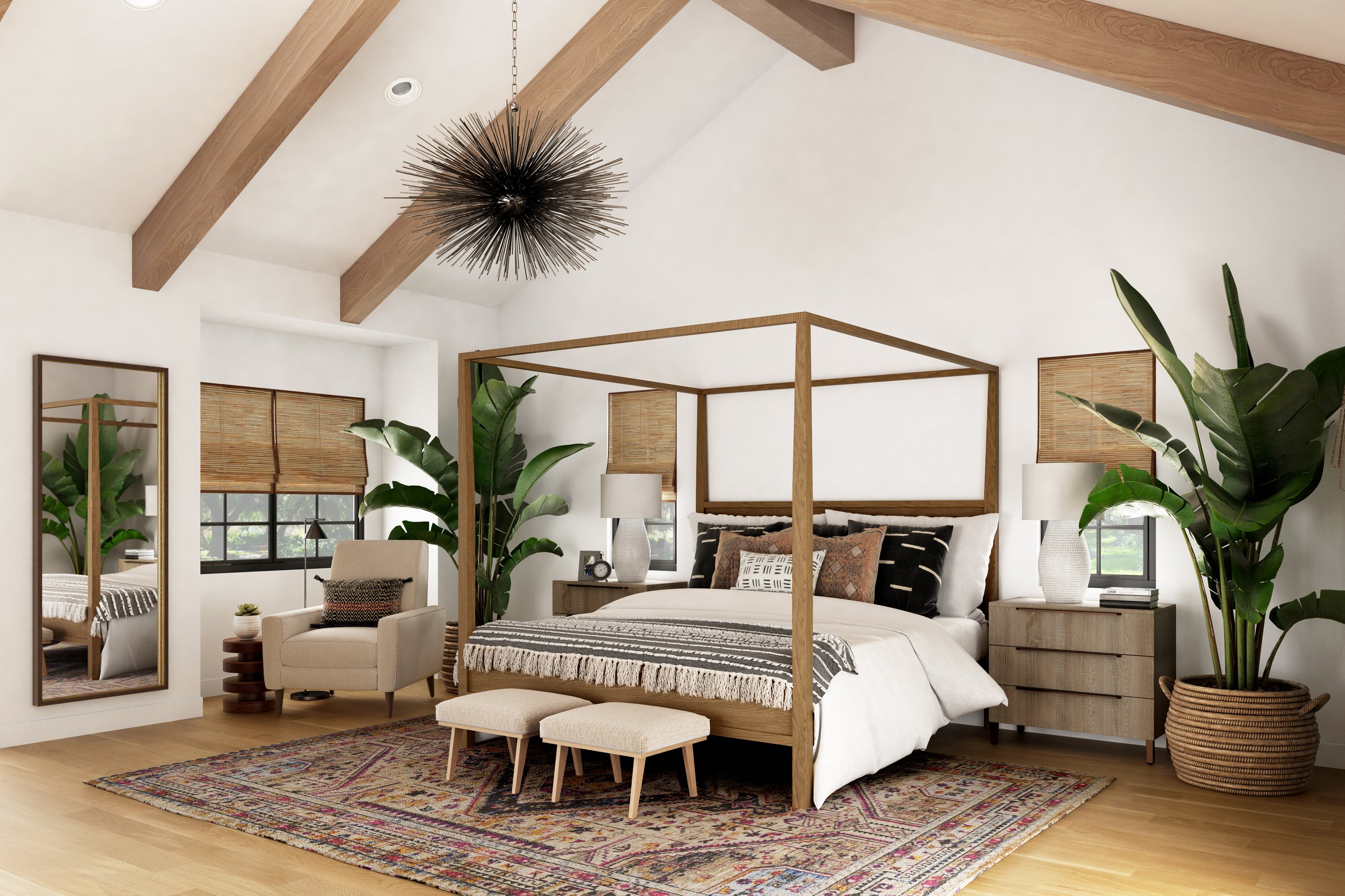 California casual primary bedroom with exposed wood ceiling beams, canopy bed, layered textiles, and warm neutral tones creating a custom, relaxed feel