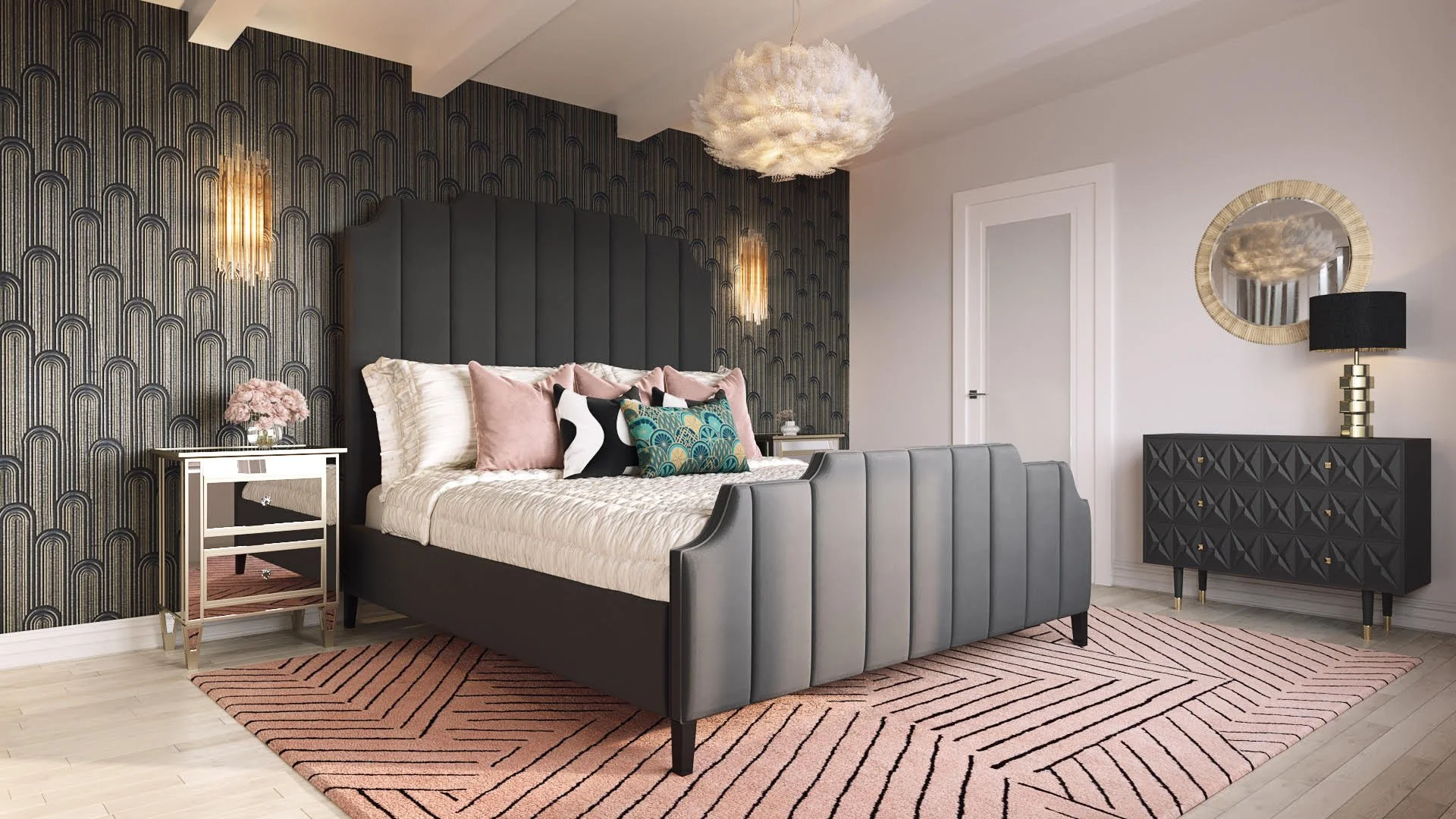 Hollywood glam Art Deco primary bedroom with a sculptural upholstered bed, layered neutral bedding, patterned accent pillows, Art Deco wallpaper, mirrored nightstand, and a soft pink area rug, designed by Joshua Jones of JJones Design Co.