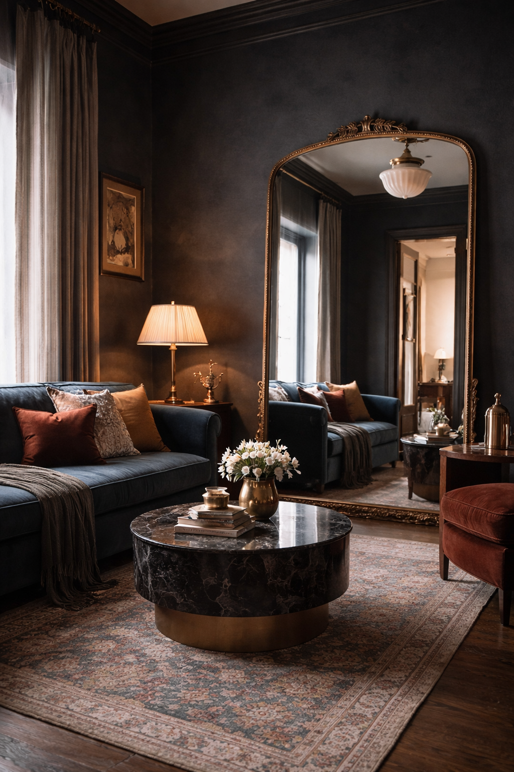 AI-generated image of a small Modern Victorian living room with dark walls, a large ornate leaning mirror, velvet sofa, and warm lighting designed to add depth and make the room feel larger.