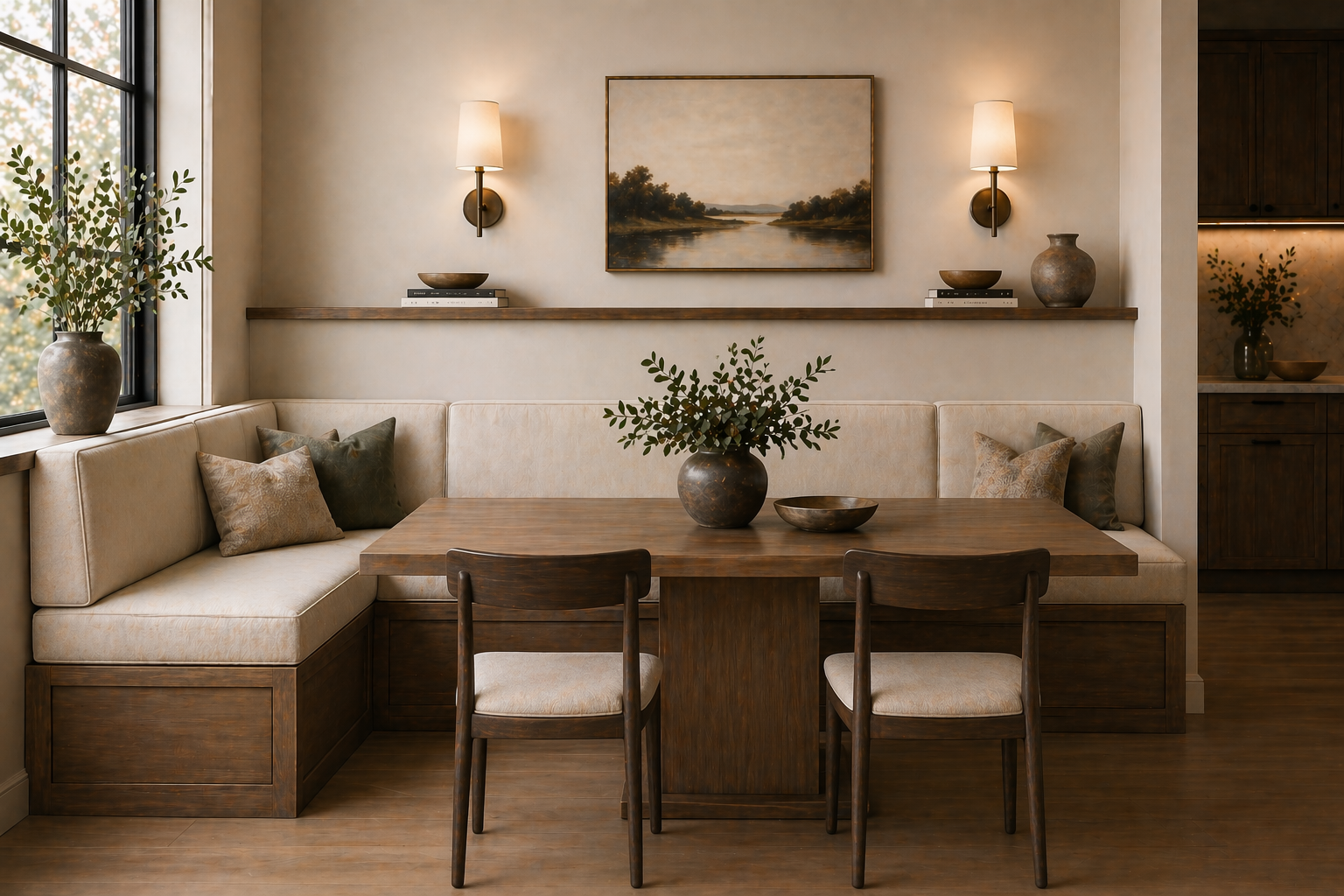 Modern farmhouse banquette seating with L-shaped upholstered bench, wood dining table, and neutral decor in a bright dining nook, AI-generated image