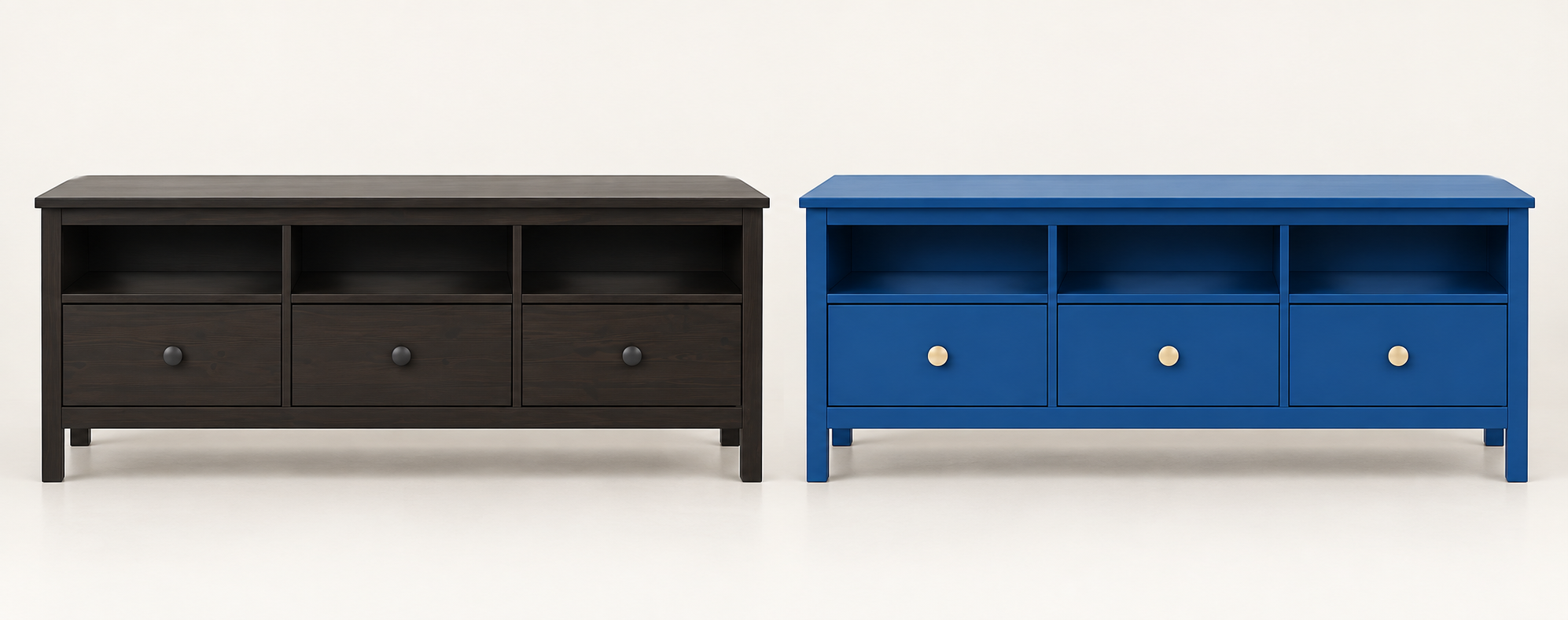 Side-by-side AI recreation of a black-brown IKEA HEMNES TV unit before and after a deep teal paint makeover with gold drawer knobs.