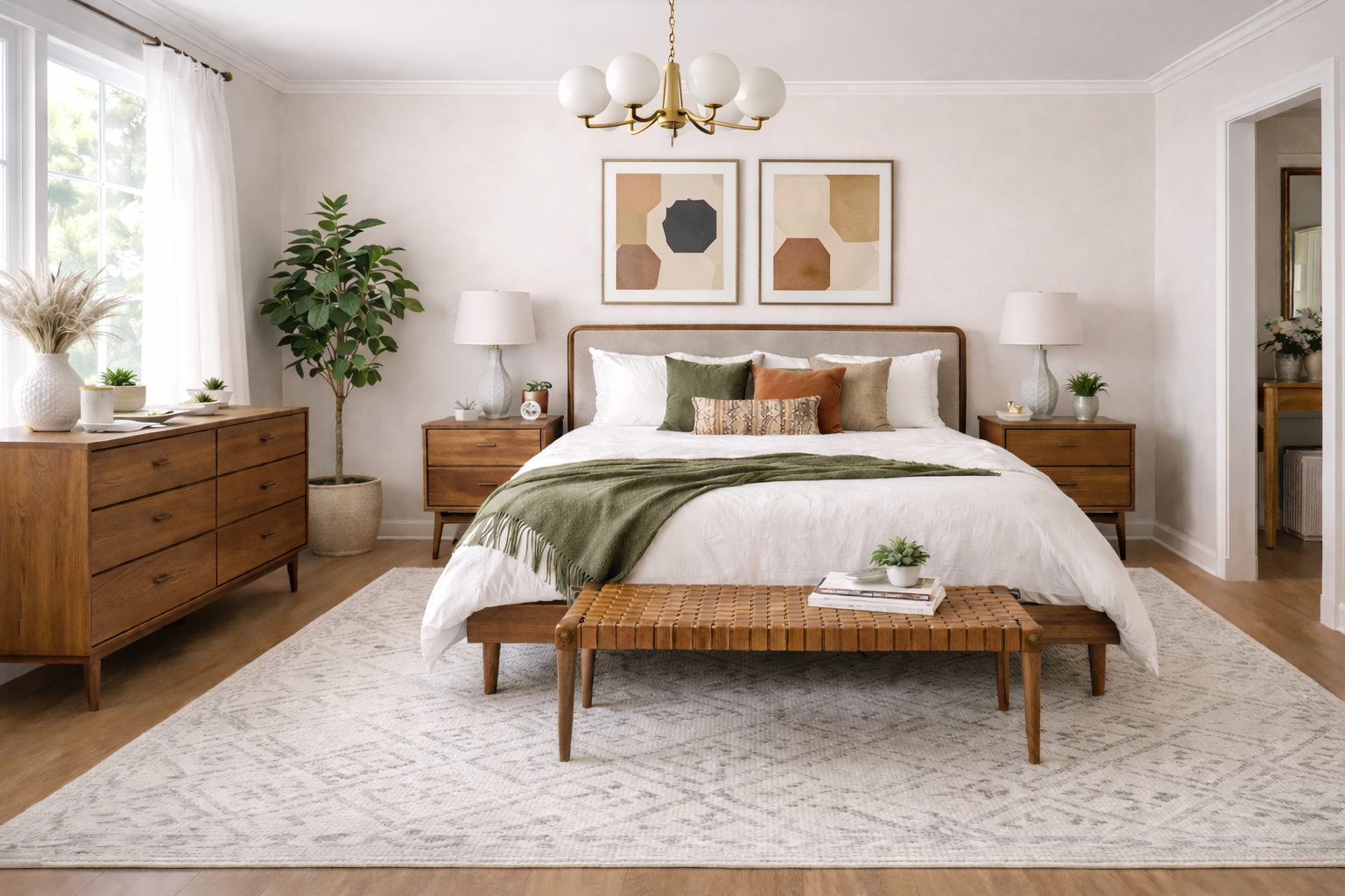 Bedroom rug size example showing a large area rug extending beyond the bed and bench to anchor the sleeping area.