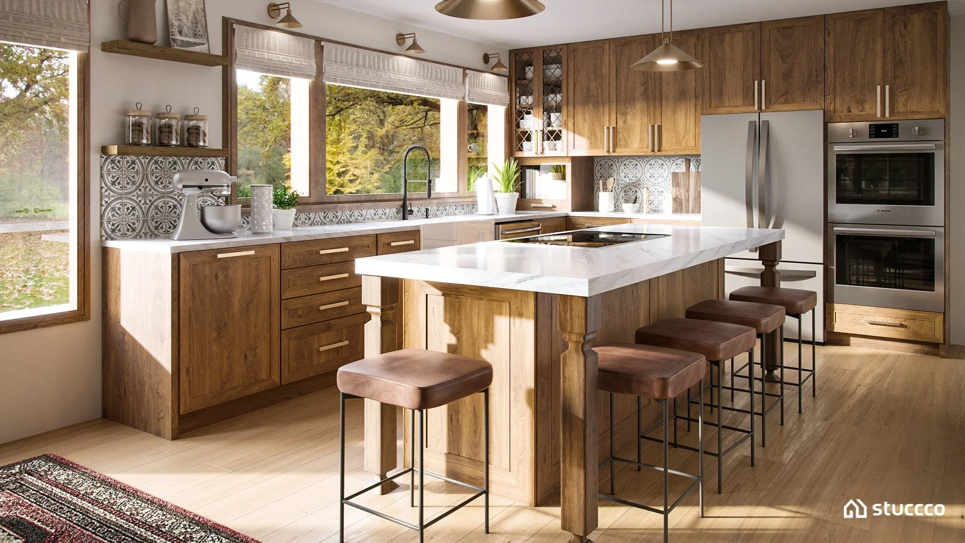 Country eclectic style kitchen with a large island and wood cabinetry, designed by virtual interior designer Joshua Jones of JJones Design Co, with 3D rendering by Stuccco.
