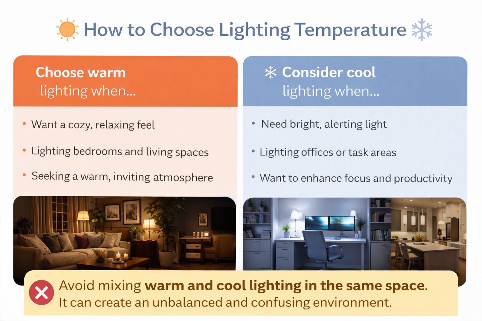 Infographic showing how to choose between warm and cool lighting, including when to use each and why mixing light temperatures in one space can feel unbalanced.