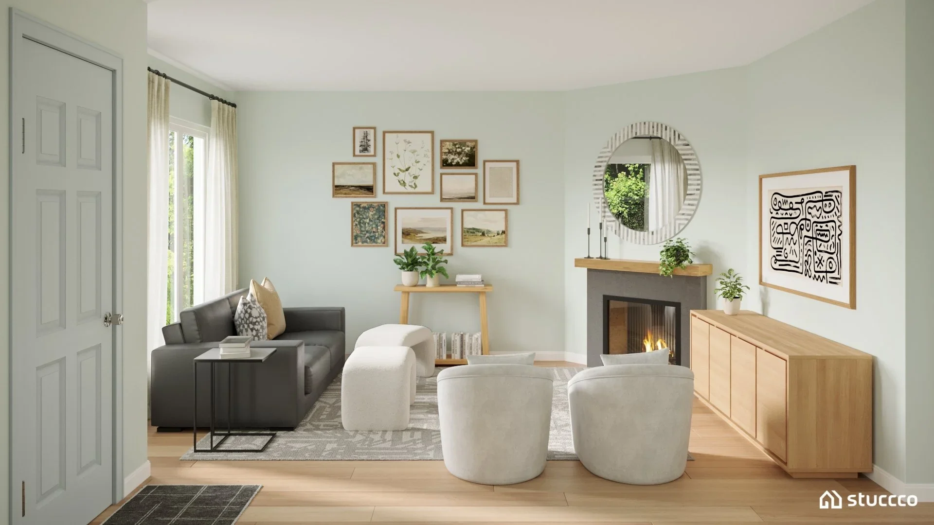 Scandinavian living room with light wood furniture, neutral seating, soft green walls, fireplace, and minimal decor, designed by virtual interior designer Joshua Jones with 3D rendering by Stuccco.