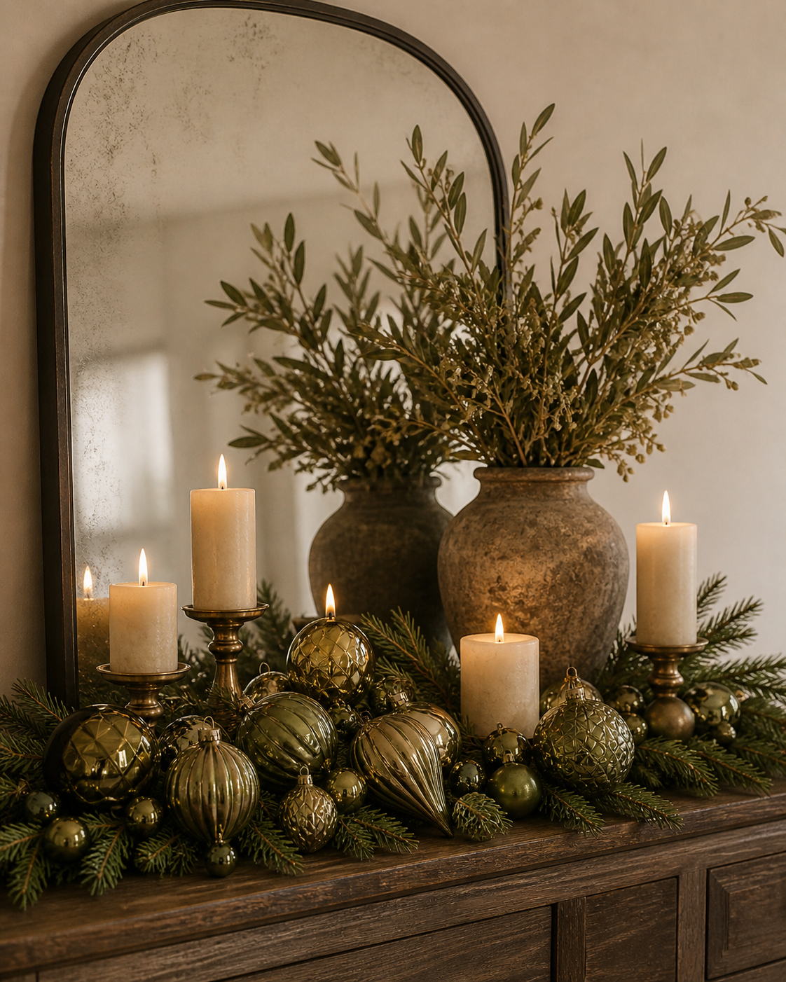 Holiday vignette on a console table featuring olive green Christmas ornaments, candles, and evergreen greenery arranged in a warm, neutral interior setting (AI-generated image)