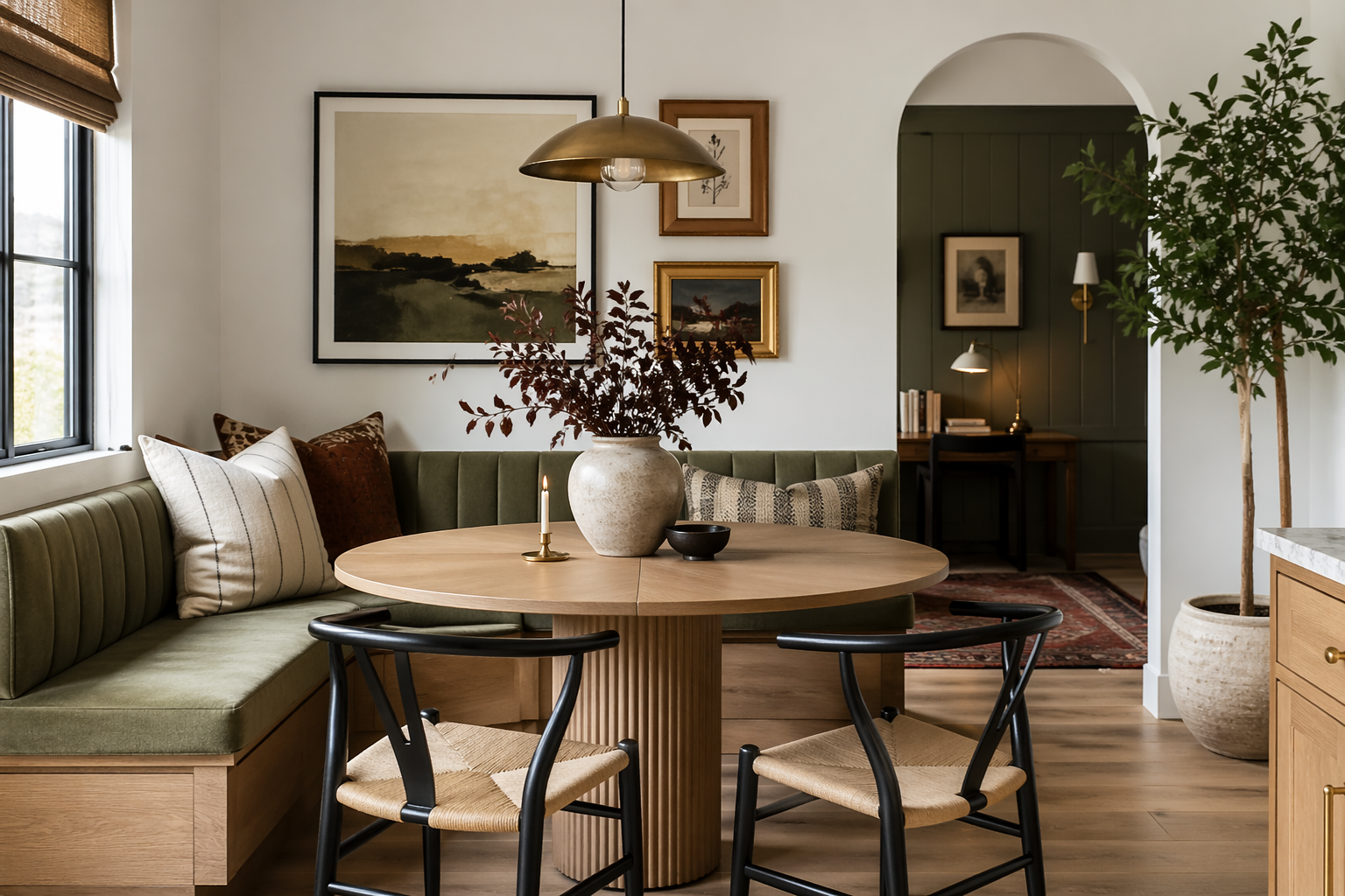 Modern eclectic banquette seating with upholstered bench, round wood table, mixed dining chairs, and gallery wall in a stylish dining nook, AI-generated image