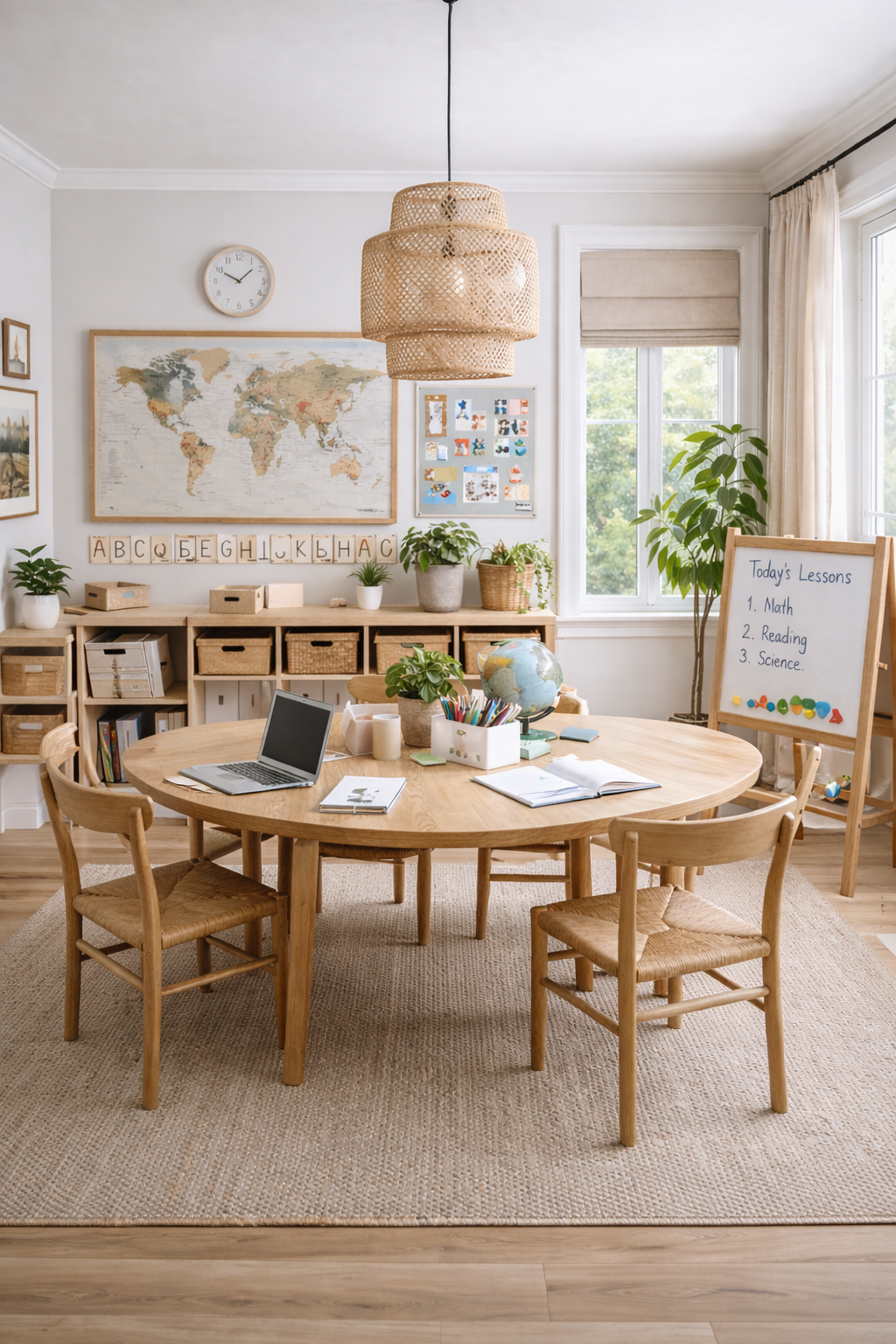 Scandinavian-style dining room converted into a homeschooling space with a round wood table, chairs, storage, wall map, and a roman shade window